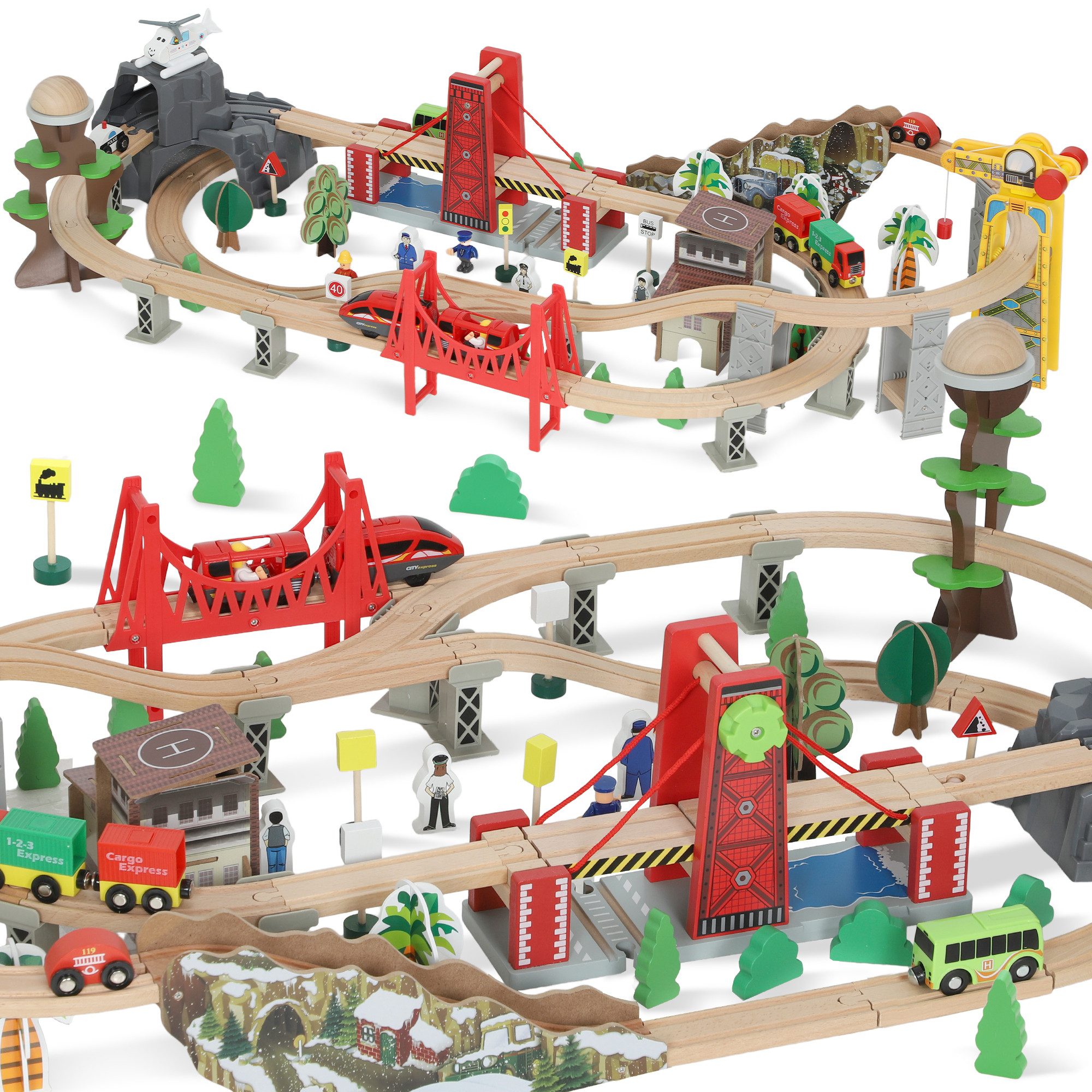 AIYAPLAY Spielzeugeisenbahn-Set Set mit Elektrische Lok, Schienen, Kran, Brücke, Holzzug, Spur 680, (Eisenbahn Set, 100-tlg., Holzeisenbahn), für Kleinkinder ab 3 Jahren Spielzeug für Kinder Jungen und Mädchen