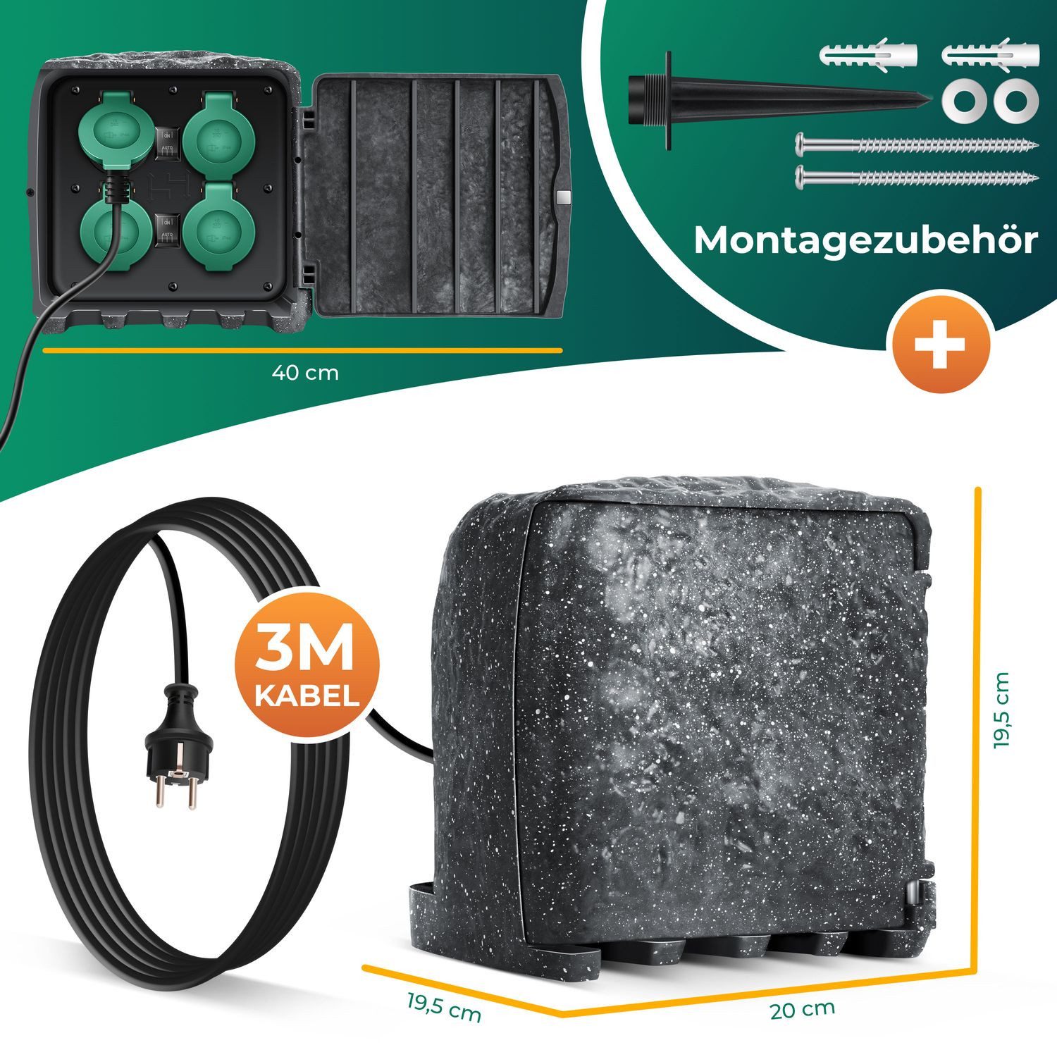 Thumbnail - KESSER Gartensteckdose, Gartensteckdose Steinoptik mit Steckplätzen Inkl.Erdspieß