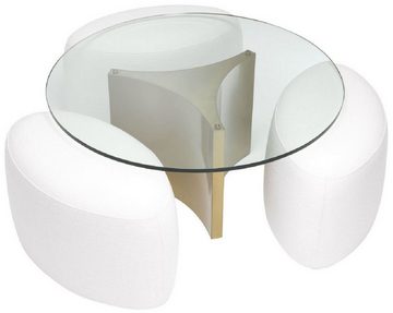 Casa Padrino Couchtisch Luxus Couchtisch Weiß / Antik Messingfarben Ø 104 x H. 46,5 cm - Runder Edelstahl Wohnzimmertisch mit Glasplatte und 3 eleganten Sitzhocker - Möbel - Luxus Möbel