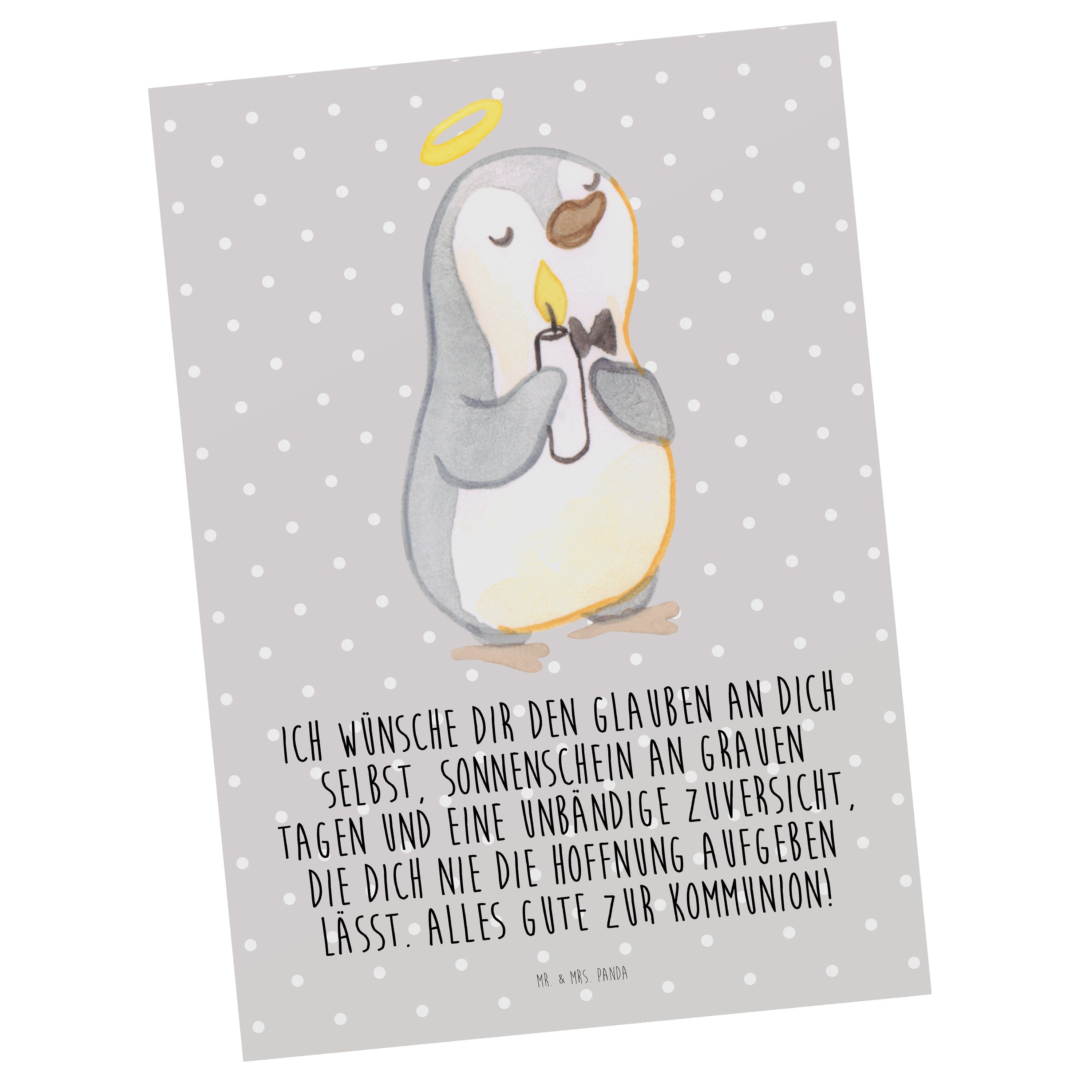 Mr. & Mrs. Panda Postkarte Pinguin Kommunion - Grau Pastell - Geschenk, Geschenkkarte, Konfirmat