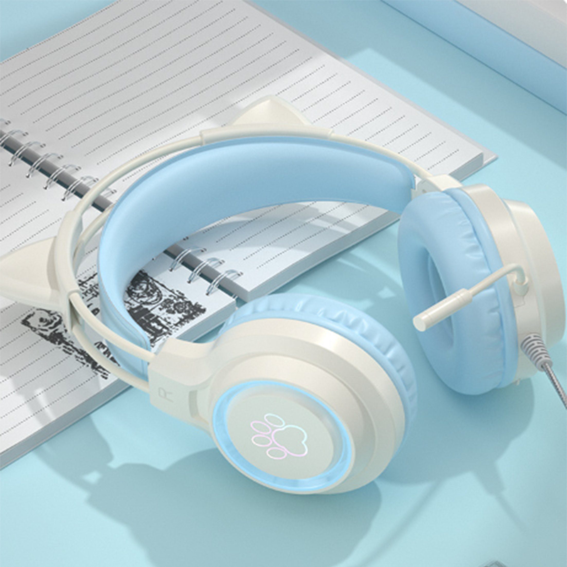KINSI Headset,Gaming-Headset mit Katzenohren,Geräuschunterdrückung Over-Ear-Kopfhörer Blau