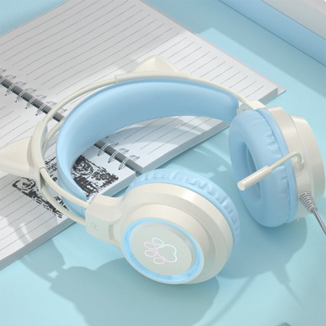 KINSI Headset,Gaming-Headset mit Katzenohren,Geräuschunterdrückung Over-Ear-Kopfhörer (Katzenohren, Abnehmbare Katzenohren, Stereo, Klappbar)