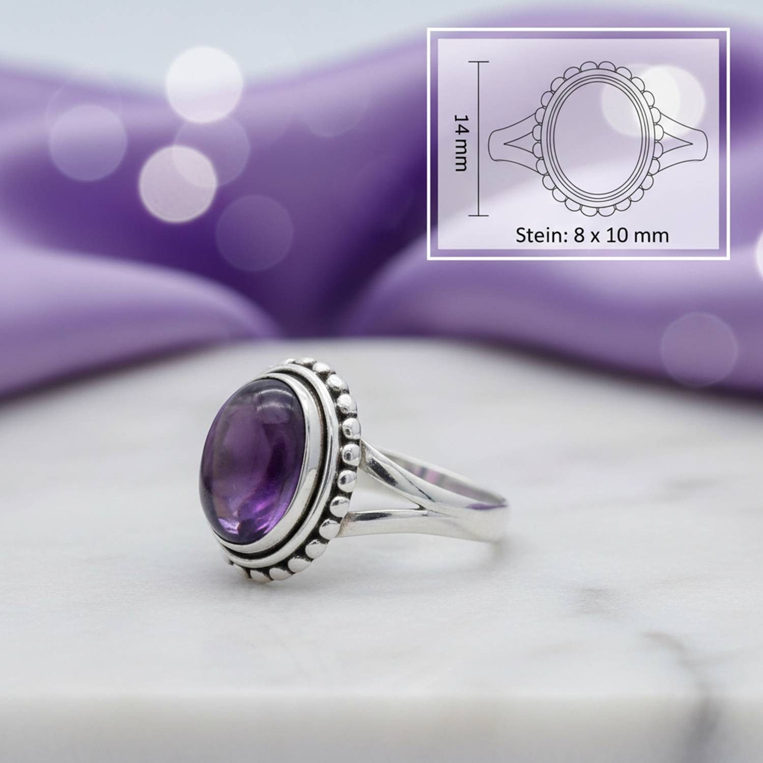 mantraroma Silberring GAMSA aus 925 Silber mit Amethyst (Ring mit Schmuckbeutel), Damenring aus 925er Silber