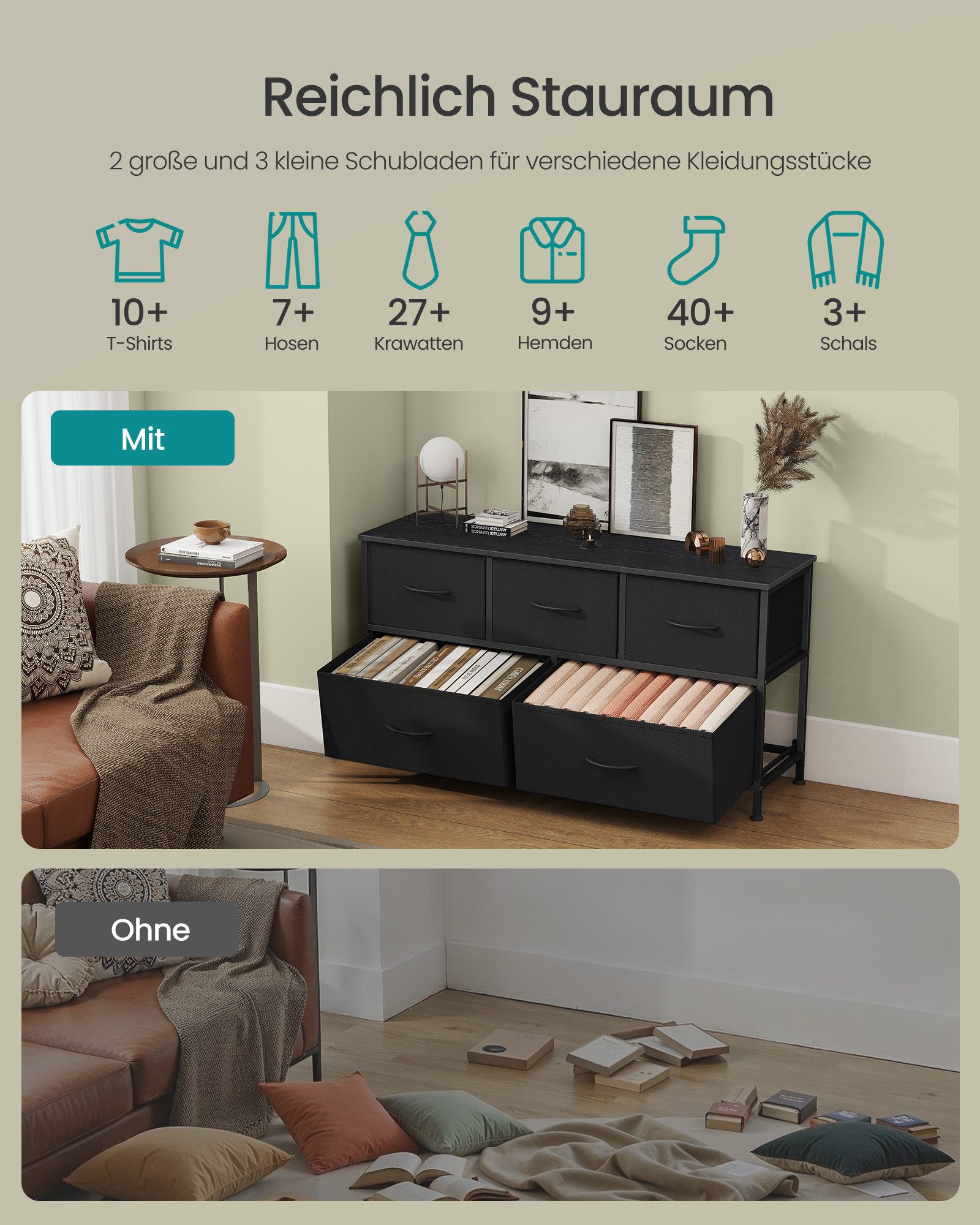 SONGMICS Kommode Schrank, Aufbewahrungsschrank, Stahl, MDF, Vliesstoff, für Schlafzimme