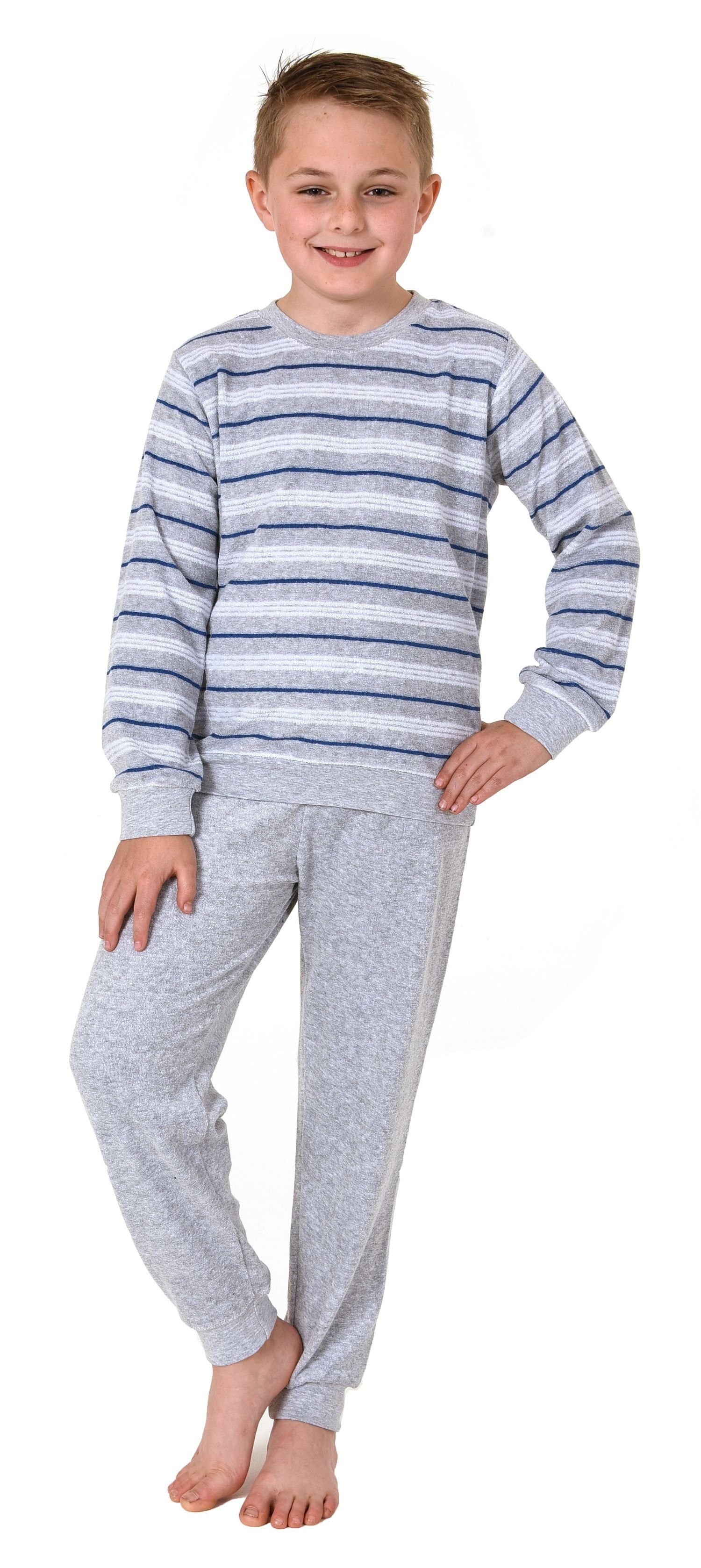 in Frottee mit Jungen Bündchen Streifenoptik grau Pyjama Normann langarm Schlafanzug