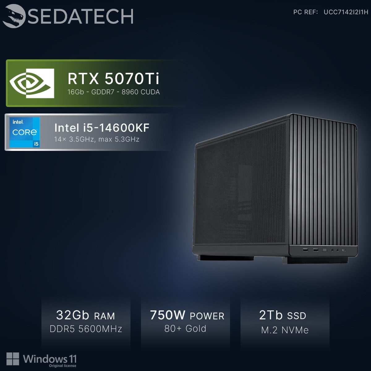 Sedatech UCC7142I2I1HF - Workstation Mini-PC (Intel Core i5 14600KF 14x 3.5GHz (max 5.3GHz), Geforce RTX5070Ti 16GB, 32 GB RAM, 2000 GB SSD, Wlan 6E)