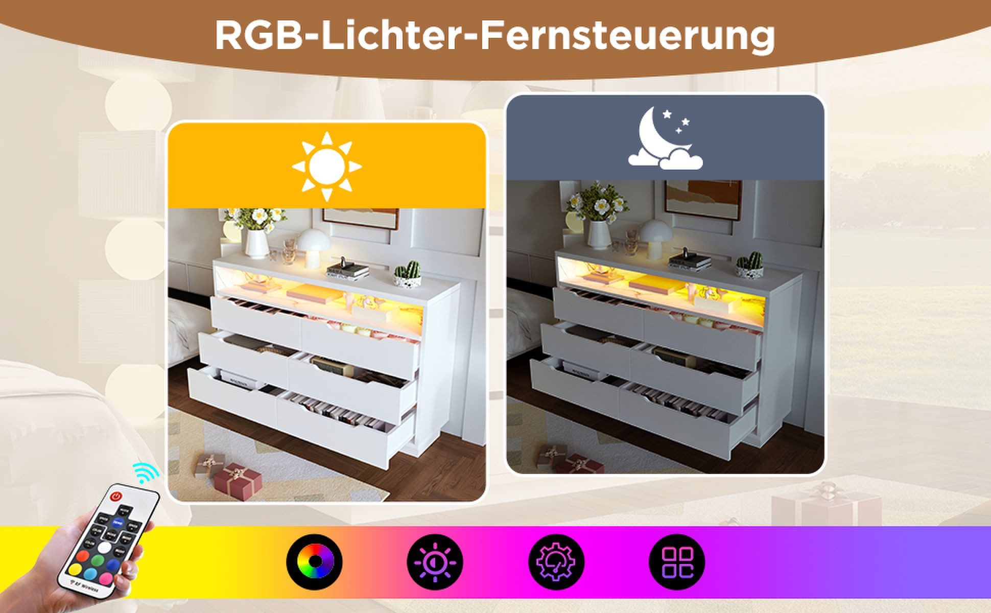 BlingBin Kommode Sideboard für Wohnzimmer und Schlafzimmer (1 St., Staufach mit Marmorkorn, 120x40x85cm, Weiß), mit LED-Beleuchtung und 6 Schubladen – Bild 5 von 5