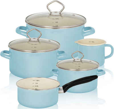 Krüger Topf-Set Sylt, Emaille, Aluminiumguss (Set, 8-tlg., Fleischtopf 16/20/24 cm, Milchtopf 12 cm, Stieltopf 16 cm), Induktion