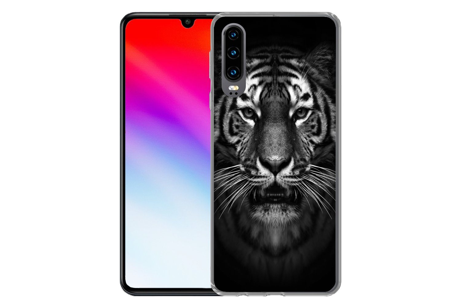 MuchoWow Handyhülle für Huawei P30 Tiger - Tiere - Schwarz - Weiß - Porträt - Wild, Handy Case, Silikon, Bumper Case Dünn