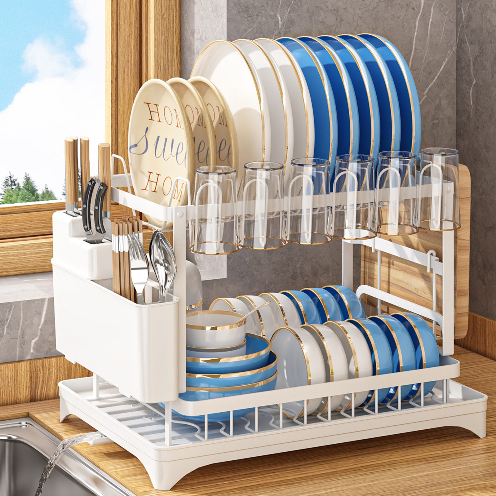 Geschirrständer 2-Stufiges Geschirrabtropfgestell mit Abtropfschale