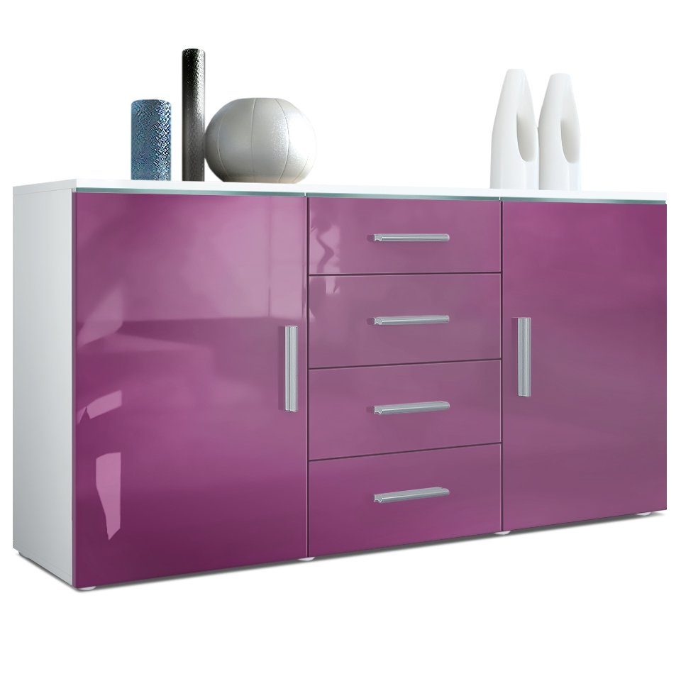 Vladon Sideboard Faro (Kommode, mit 2 Türen und 4 Schubladen), Weiß matt/Brombeer Hochglanz (139 x 72 x 35)