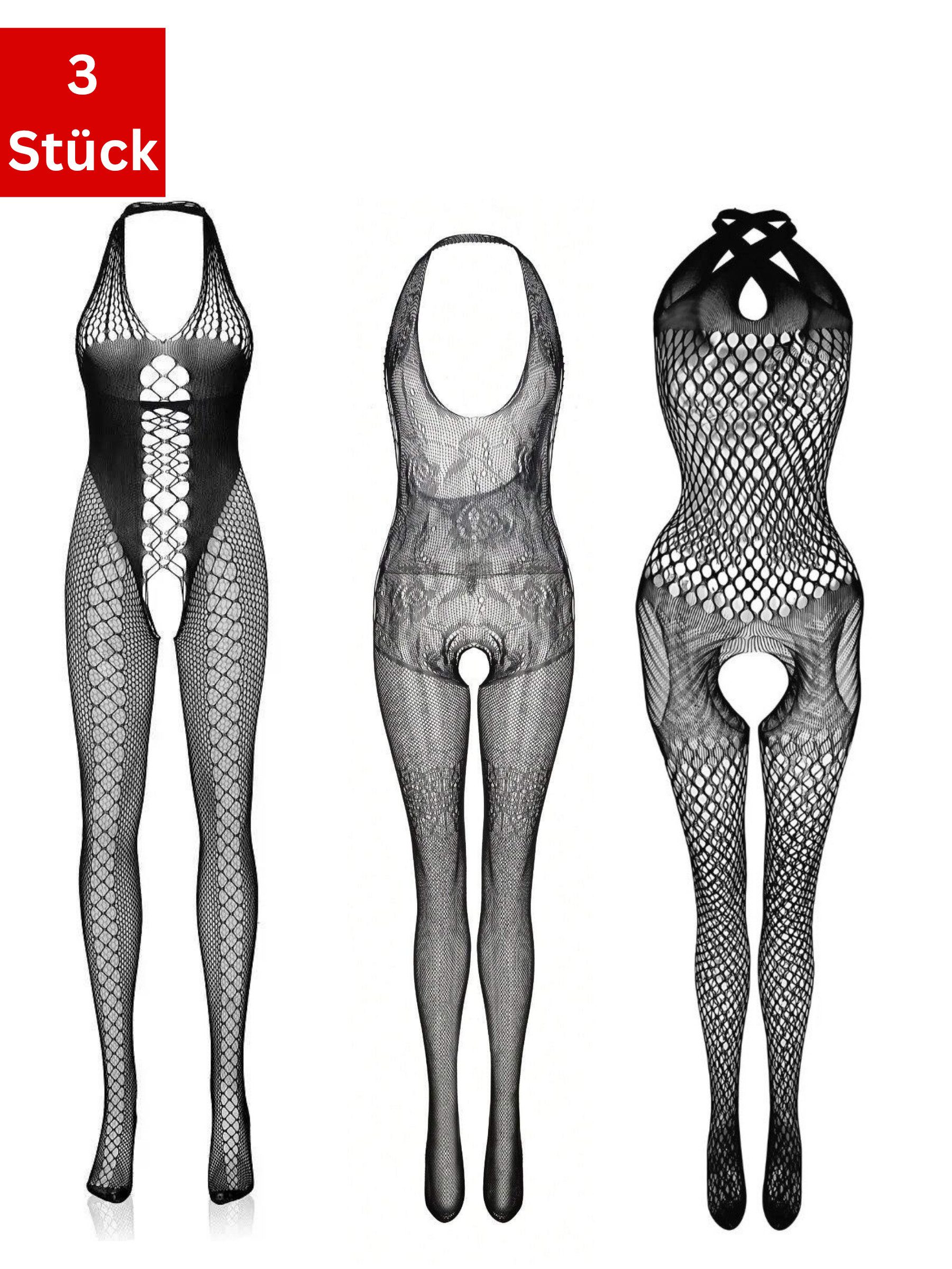 Elegant Love Bodystocking-Ouvert Neckholder Fischnetz-Catsuit – Sexy Body-Dessous mit offenem Schritt (Packung 3 St. 3er-Pack) Strumpfbody Reizwäsche – Femininer Body in feiner Netzoptik
