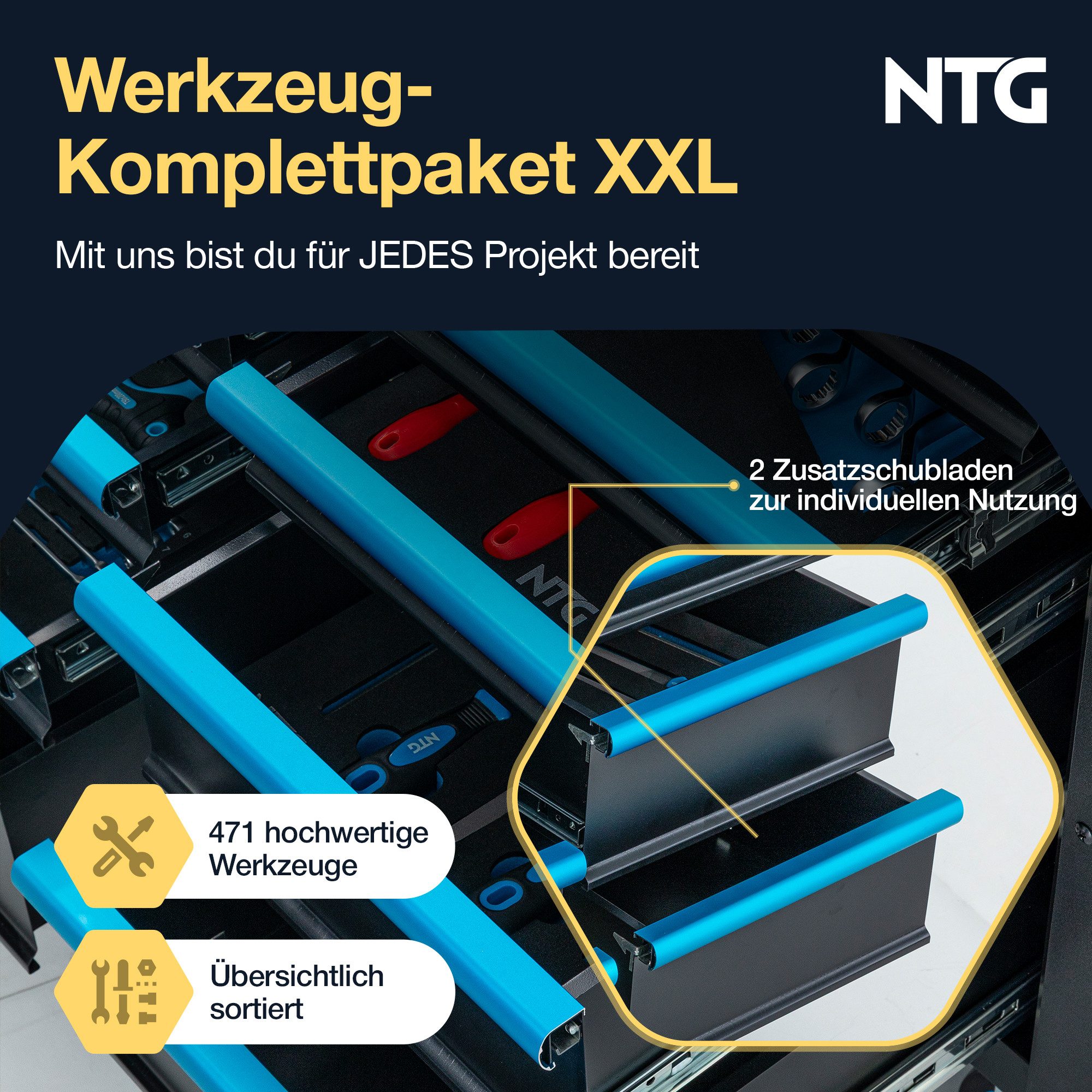 NTG Nutzfahrzeug Technik GmbH Werkzeugwagen Werkstattwagen XXL 471-tlg. mit Holzarbeitsplatte abschließbar, XXL, max. Traglast:450 kg, 471-tlg. Werkzeugset, (471-tlg), XXL Werkzeugwagen 12 Schubladen