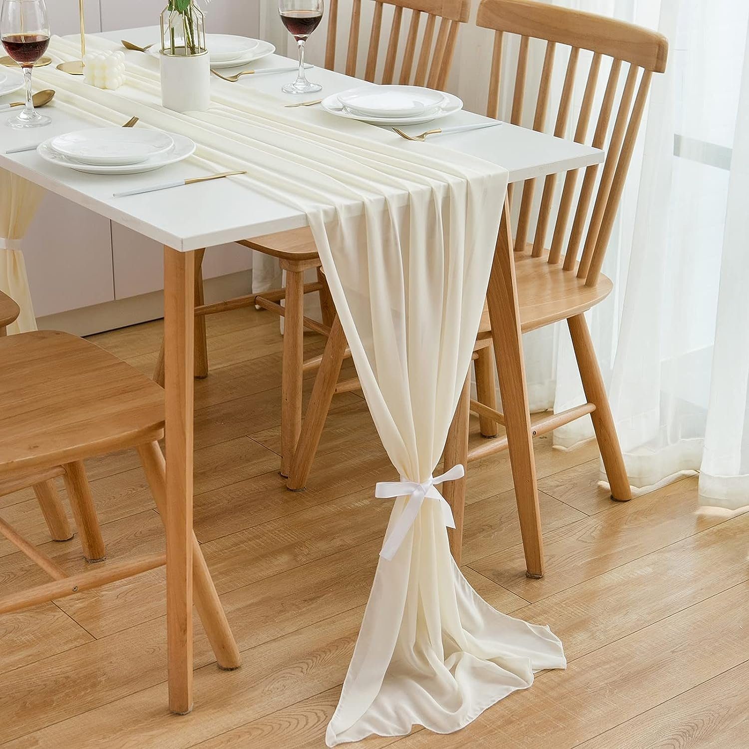 Coonoor Tischläufer Chiffon Hochzeit Tischdeko 72x304 cm Bordeaux Tischband Waschbar, für Indoor und Outdoor Beige