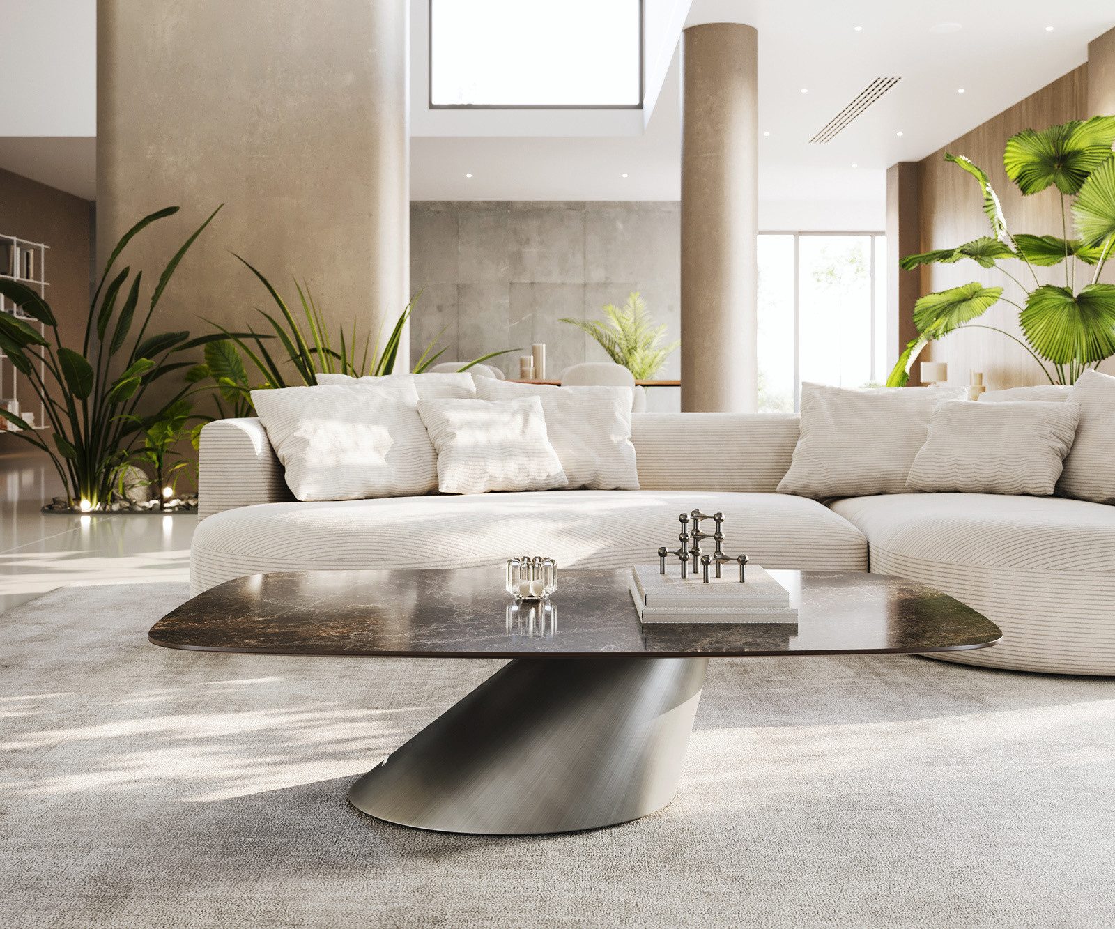 DELIFE Couchtisch Edge, Boot 140x80 cm Keramik Emperador Extra Lucidato Dunkelbraun Conis Meta