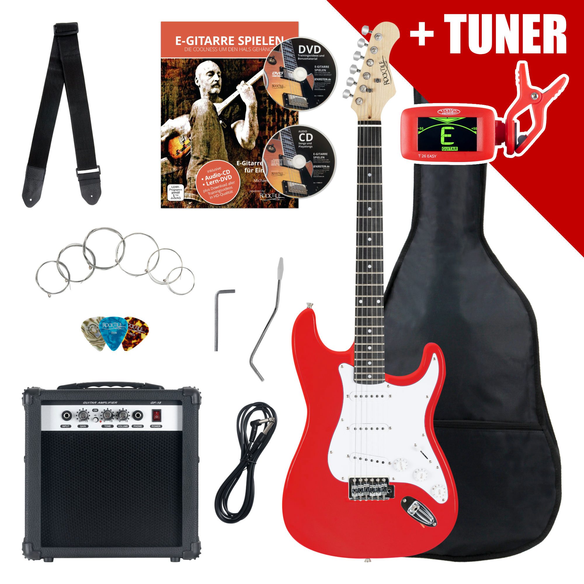Rocktile E-Gitarre ST-Pack Komplettset E-Gitarre - Ideal für kommende Gitarren-Stars!, Komplettset, inkl. 10 Watt (RMS) Verstärker und Stimmgerät