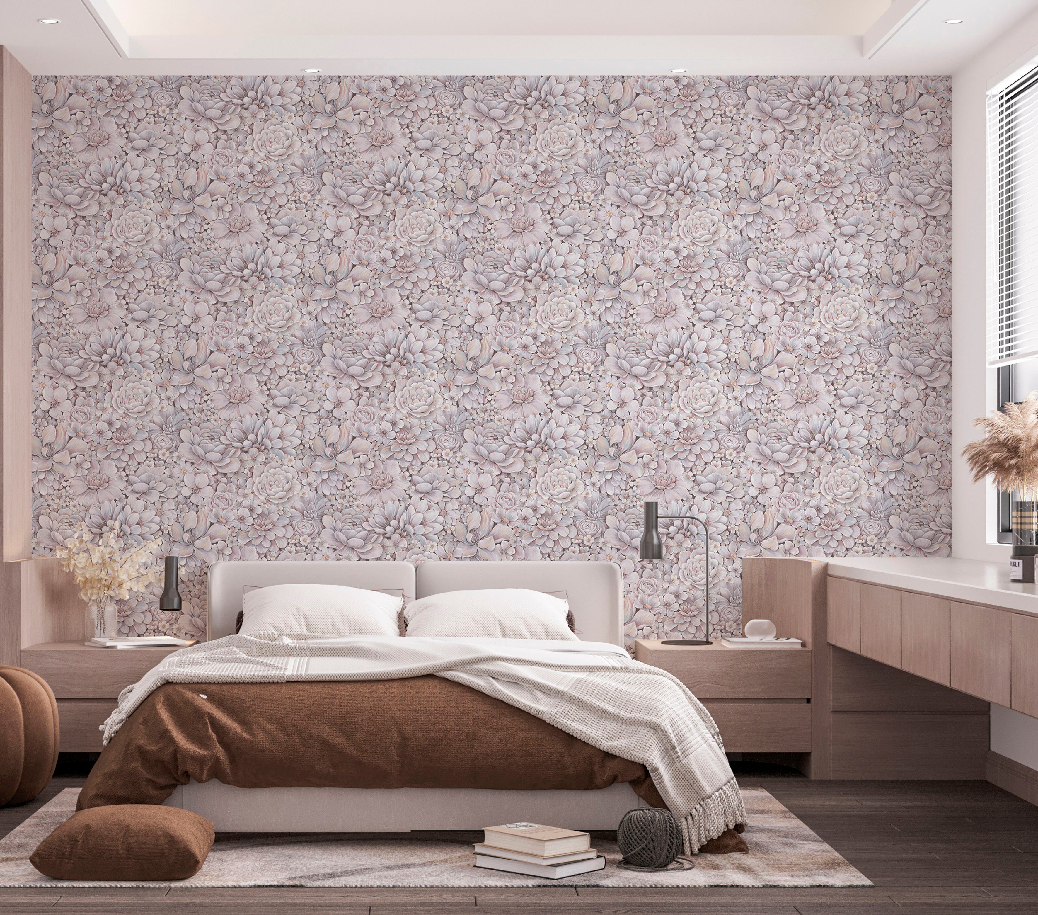 für Schlafzimmer geprägt, Blattmotiv Flower, Vliestapete Wohnzimmer Küche rosa moderne Marburg matt, Vliestapete