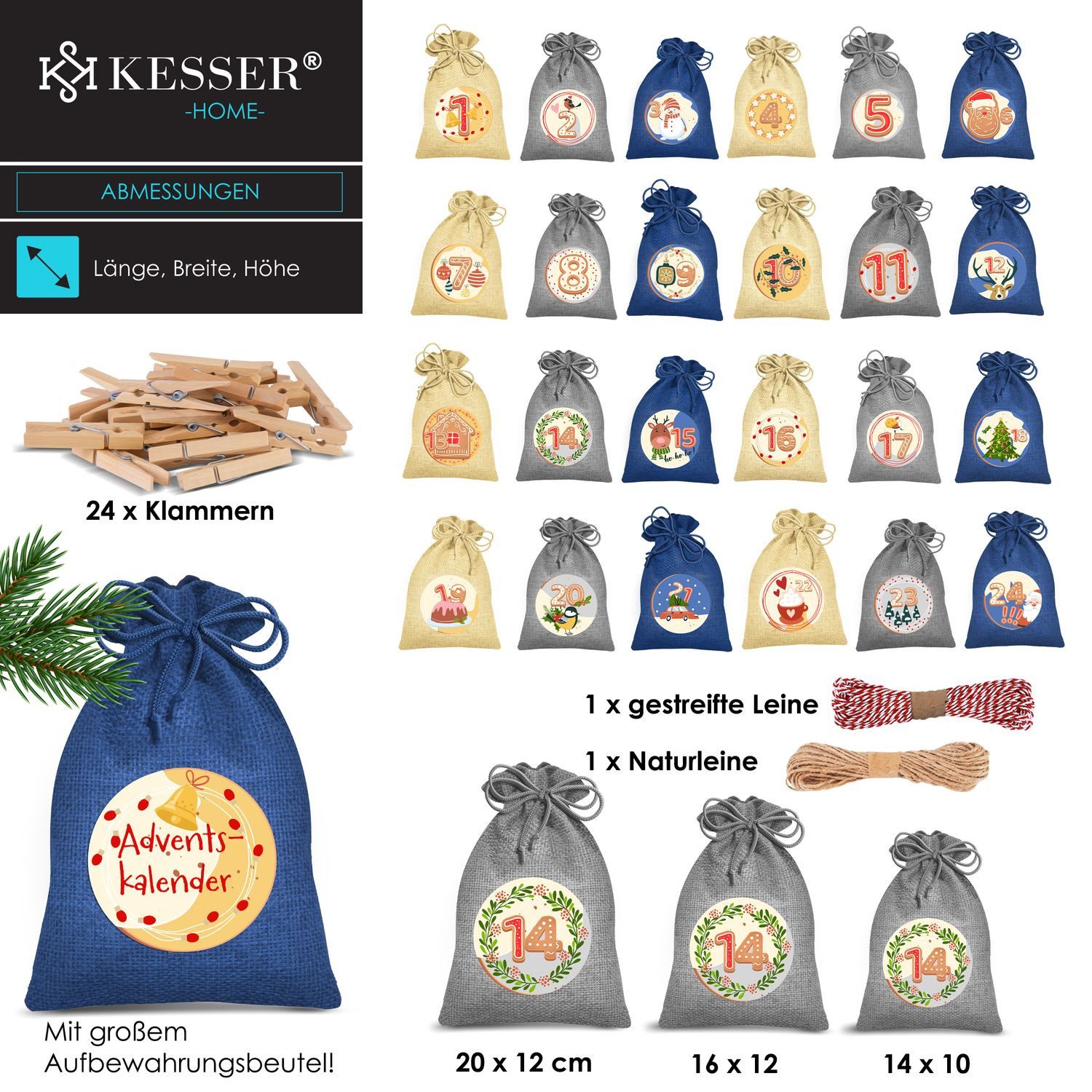 KESSER Adventskalender, Adventskalender zum Befüllen 24 Jutebeutel Stoffbezug gedruckt