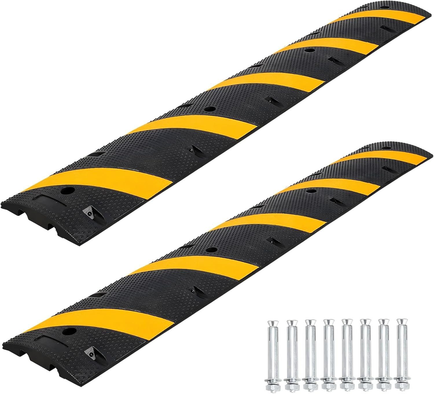 GarveeMore Parkschwelle Gummi-Temposchwelle (Trapezform, 183 cm), 30000 kg Tragkraft, (2-St., reflektierende Warnstreifen & vorgebohrte Löcher), für Parkplätze, Schulen & Lagerhallen