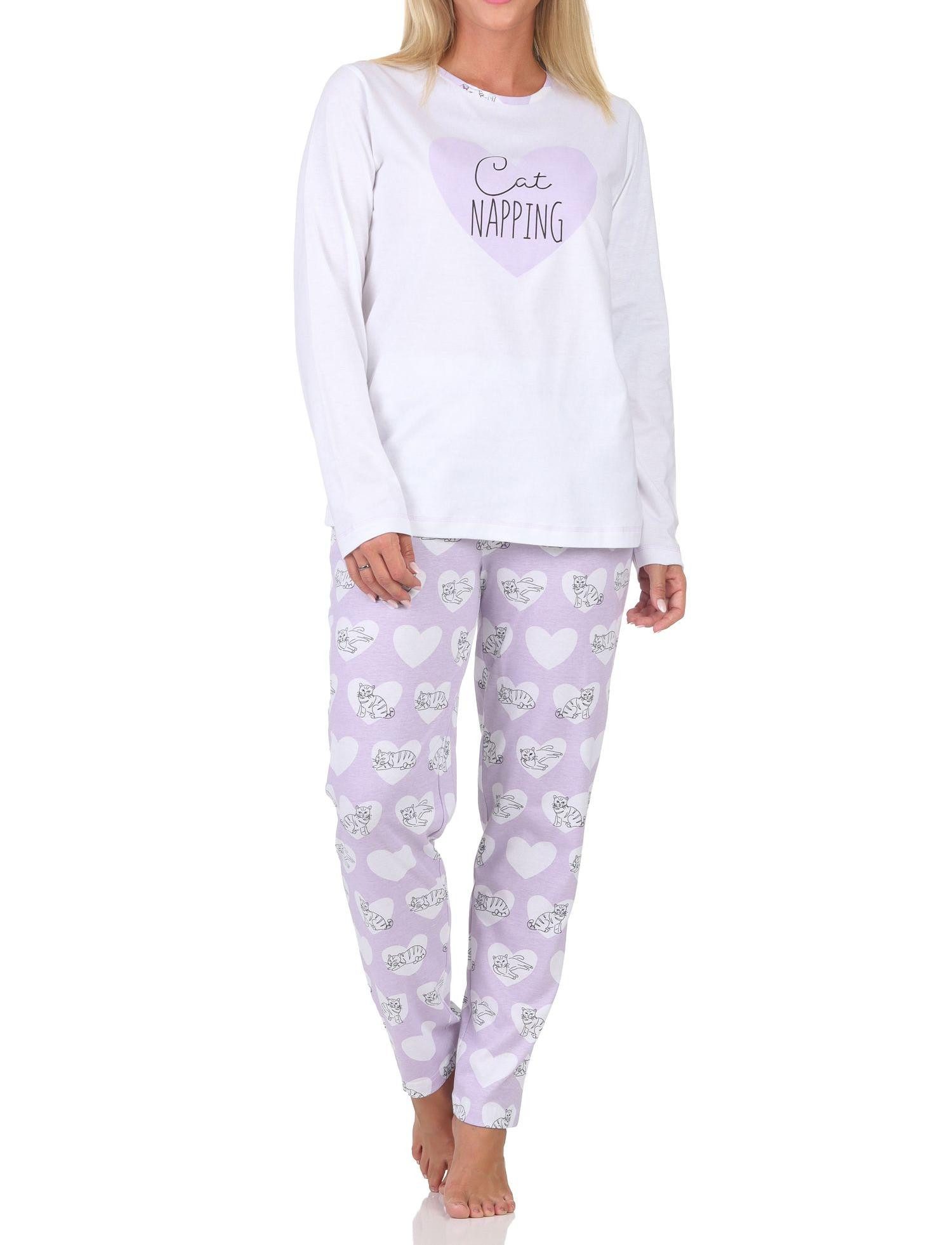 Pyjama Normann Damen langarm Schlafanzug Pyjama mit Herz und Katzenmotiv