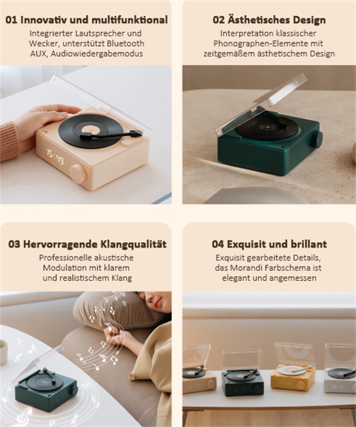 Retro-Schallplatten-Bluetooth-Lautsprecher mit Bluetooth-Lautsprecher Weiß Weckerfunktion carefully selected