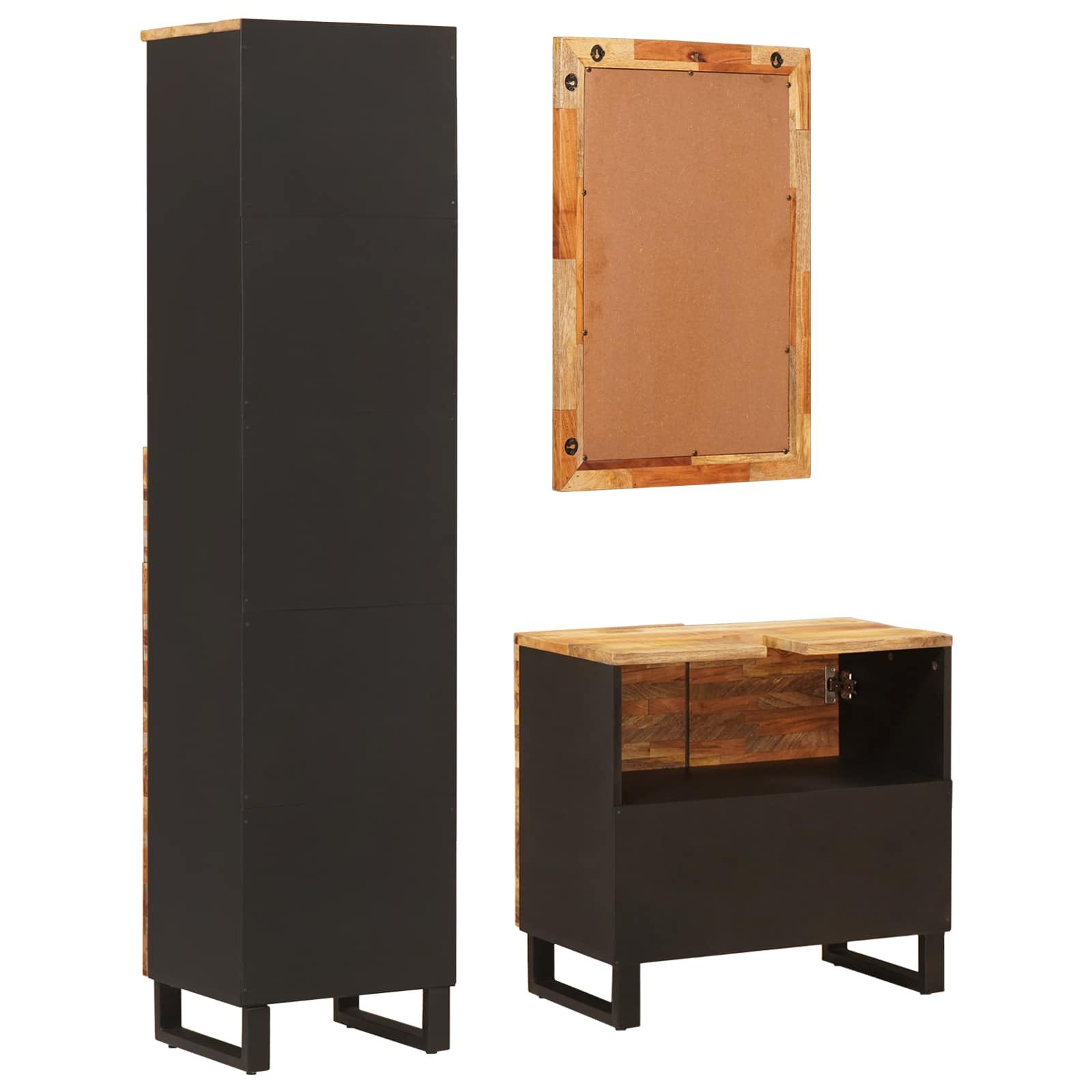 vidaXL Badezimmer-Set Badezimmer Sets mit Schubladen mit Regal Natur Massivholz, (3-St)