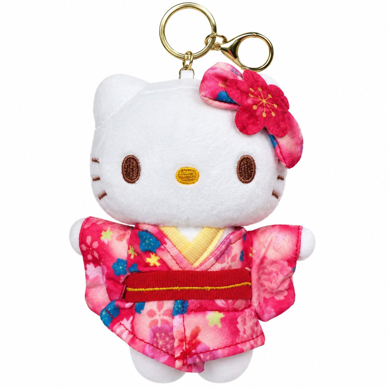 SANRIO Plüschanhänger Hello Kitty Plüsch Anhänger Kimono Blumen rot Design 12 cm (Set, 1-St., Plüschtier mit Anhänger), 2 Designs mit floralem Kimono-Look und Metallring