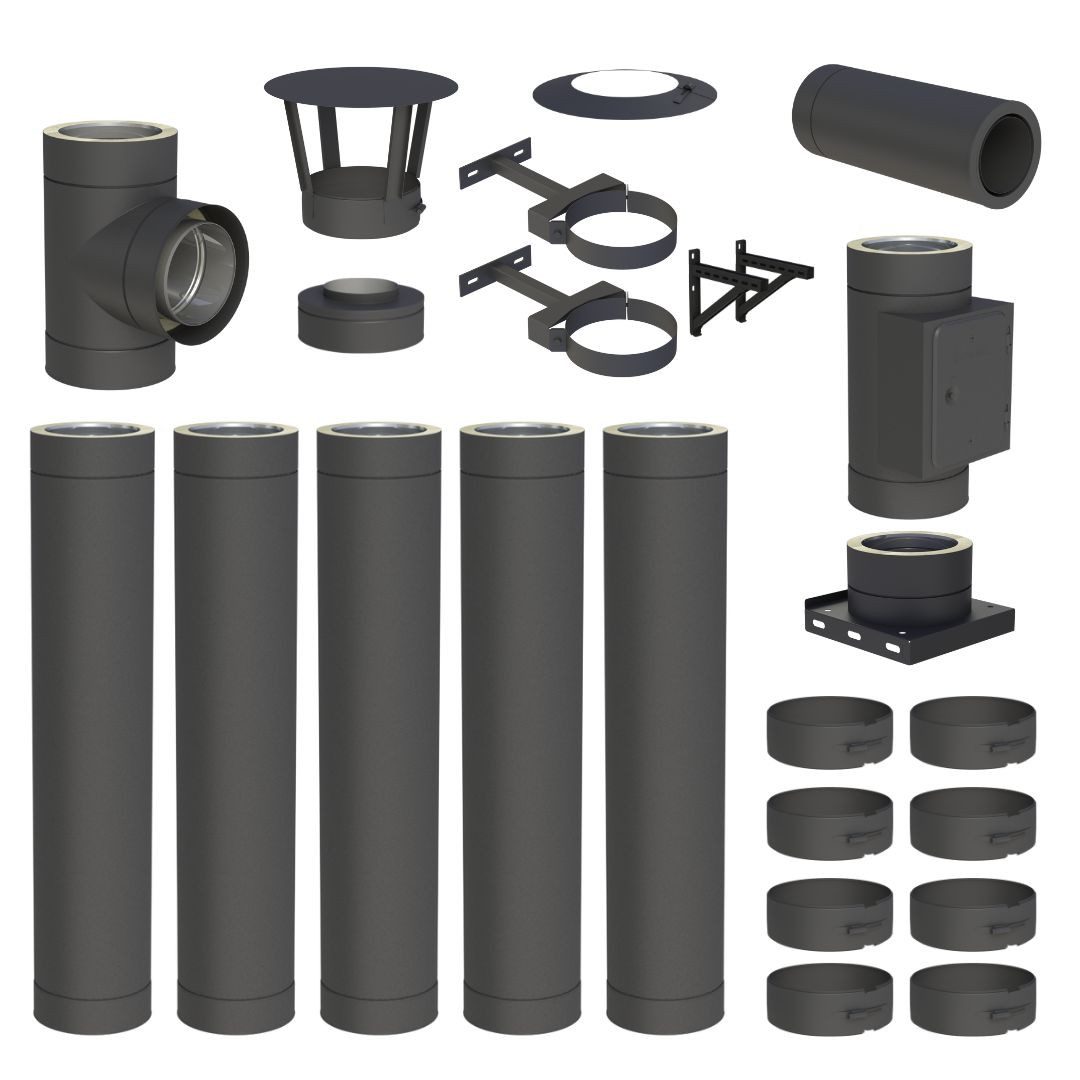 Jeremias Schornstein 5, 7 m EdelstahlSchornstein Ø150mm Komplettset DW DW-Black Wandmontage, Ø 150 mm