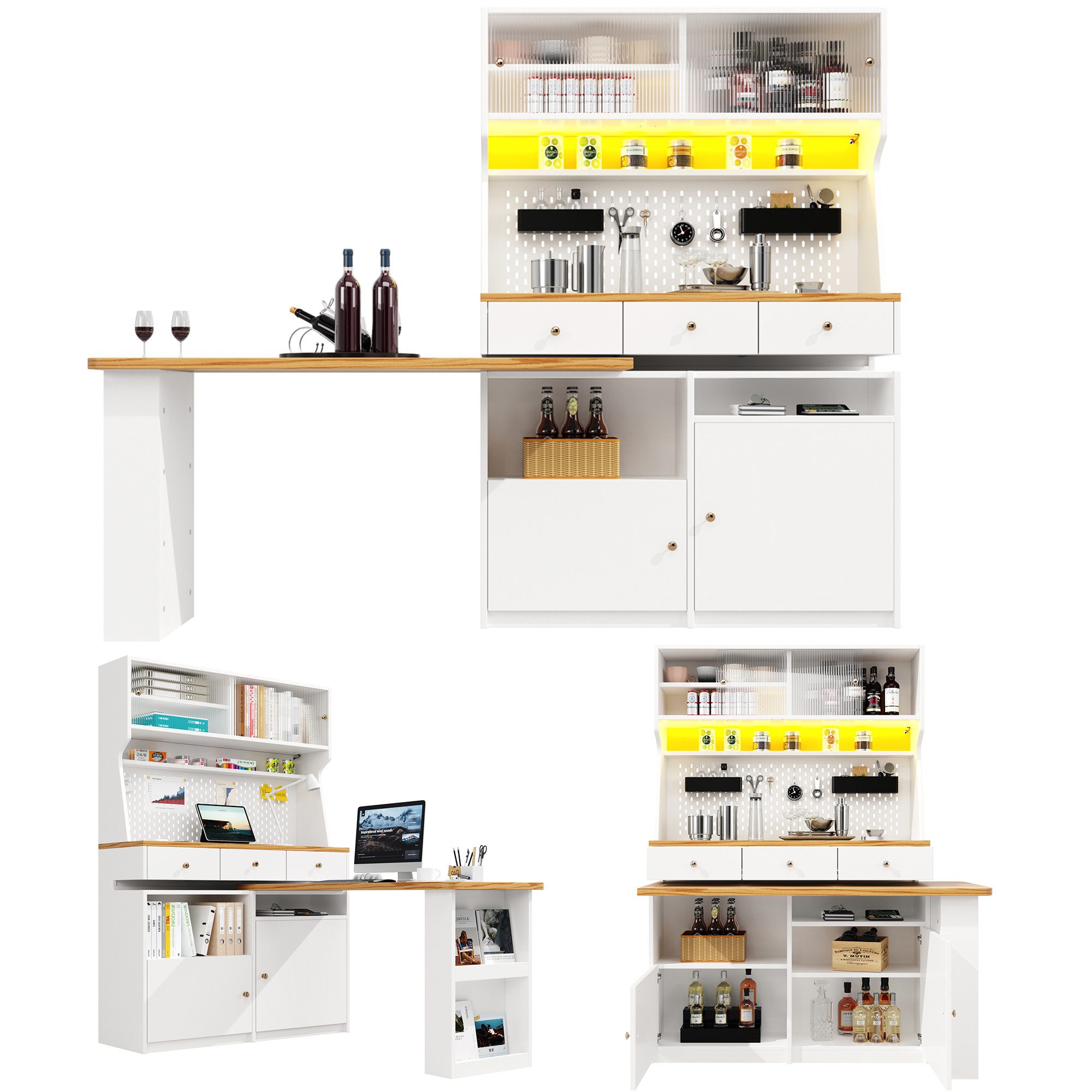 Ulife Küchenbuffet Küchenschrank Mehrzweckbuffet Snackschrank Tischschrank (1-St., mit zwei Türen und drei Schubladen) Schreibtisch, Aufbewahrungsschrank, 137x4 – Bild 3 von 5