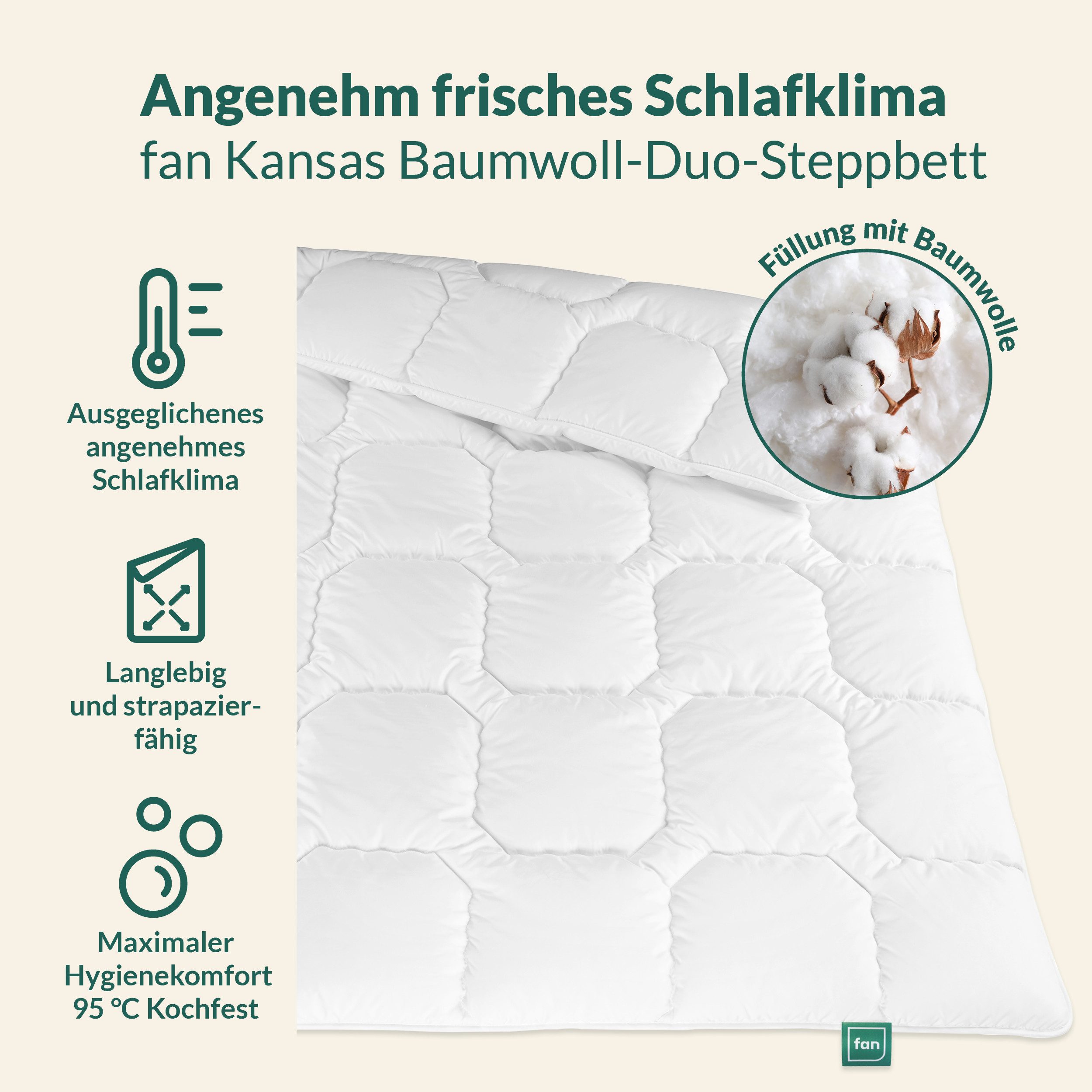 fan Baumwollbettdecke Kansas, Bettdecken für Sommer und Winter, Decke, Füllung: 100% Baumwolle, Bezug: 100% Baumwolle, Bettdecke 135x200 cm, 155x220 cm und weiteren Größen, Made in Germany
