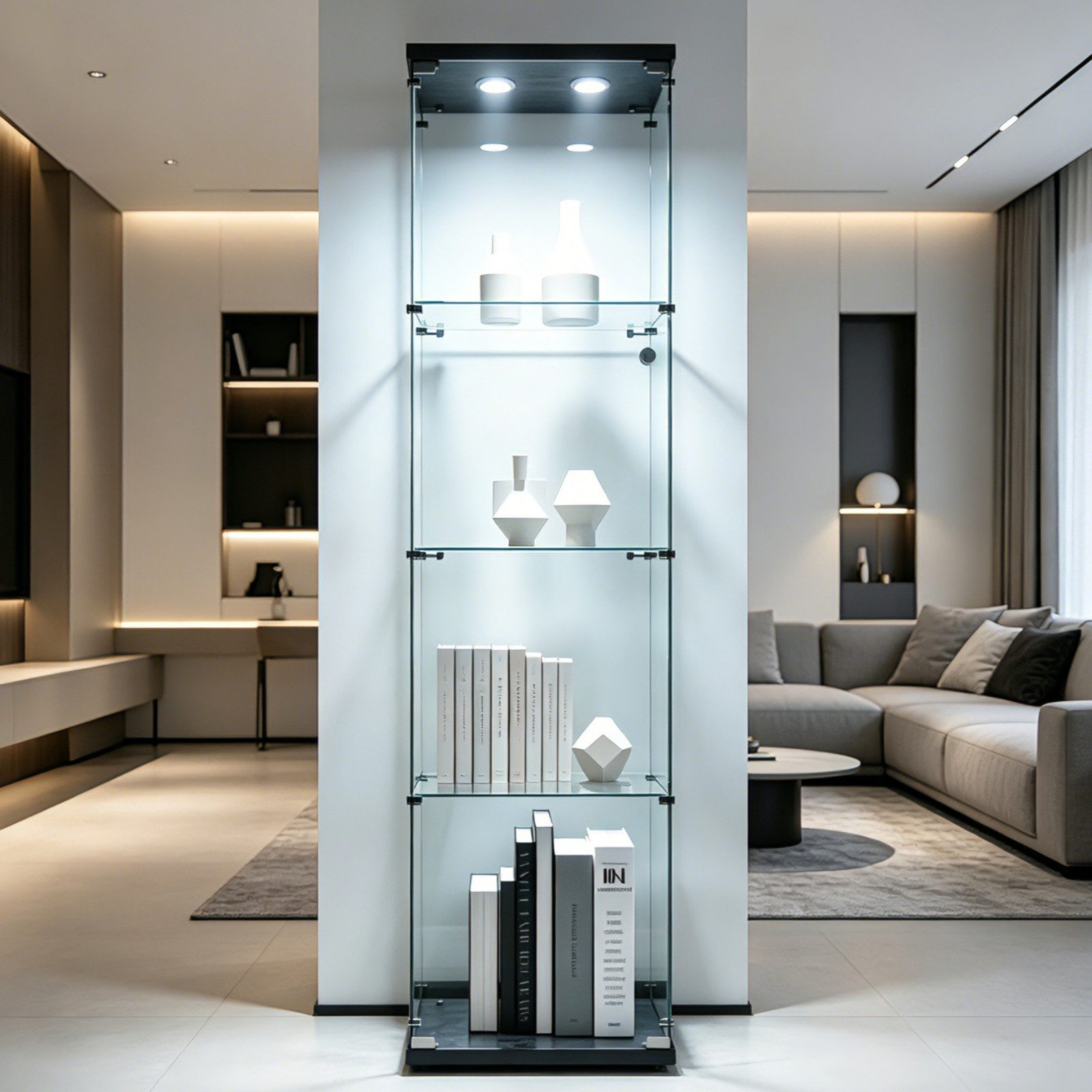 Simurq Glasvitrine mit LED Beleuchtung Standvitrine mit Glastür,Eckvitrine Glas (1-2 Packungen, Vitrinenschrank mit 1 türen,Schloss) Glas vitrine aus Gehärtetes Glas,Sammlervitrine Stehend