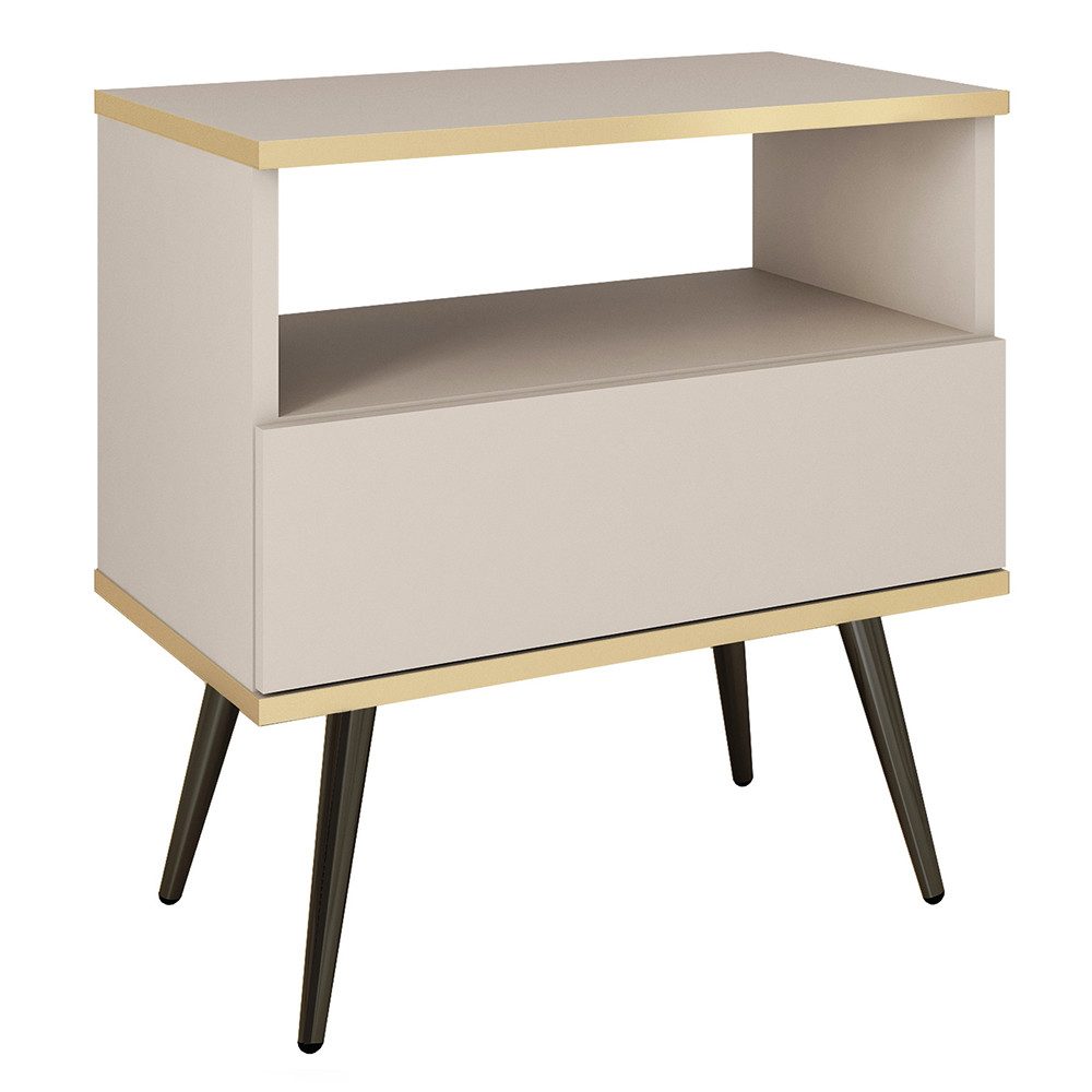Lomadox Nachtschrank OLOVO-160 Beige, goldfarbenen Details, Schublade, Metallbeine in Schwarz
