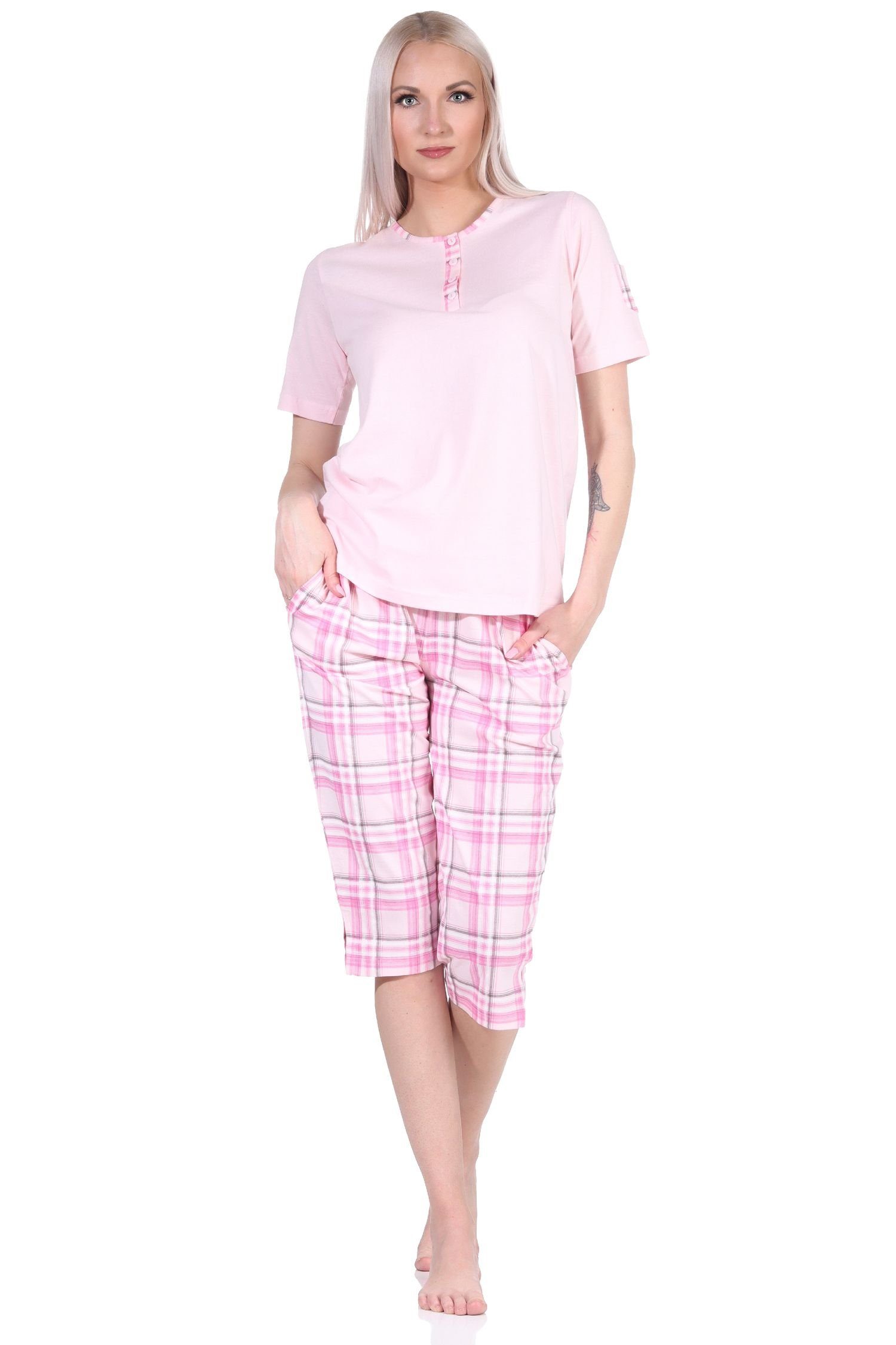 Normann Pyjama Damen kurzarm mit Schlafanzug rosa Capri-Hose aus Jersey karierter