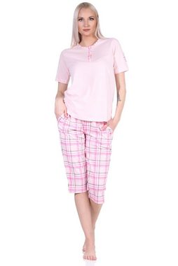 Normann Pyjama Damen kurzarm Schlafanzug mit karierter Capri-Hose aus Jersey