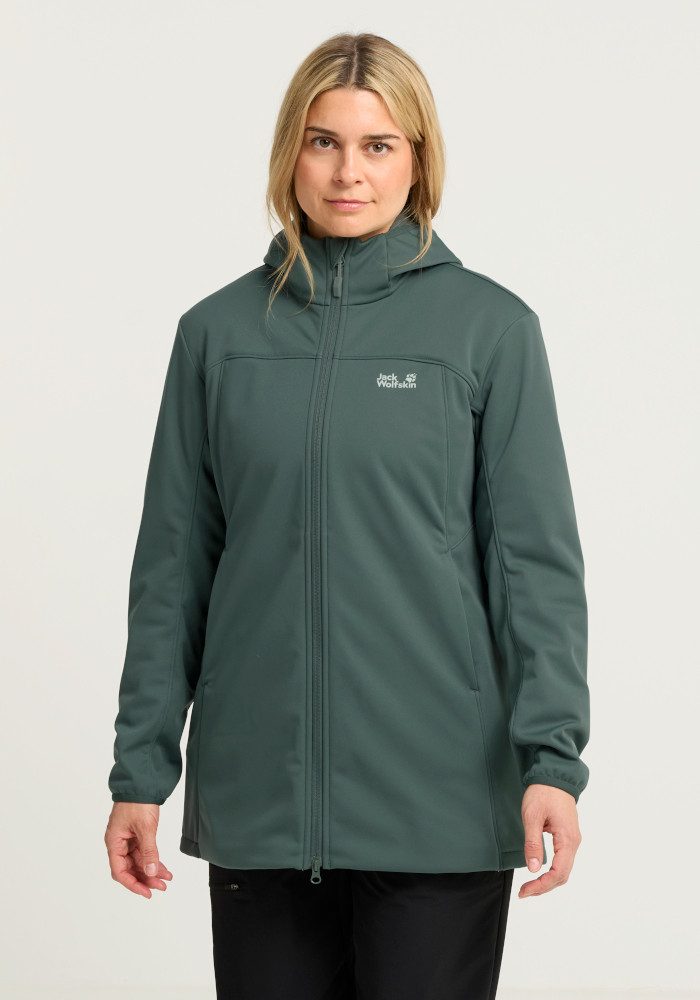 Jack Wolfskin Softshellmantel WINDHAIN 2 COAT W Softshellmantel mit Kapuze, winddicht, wasserabweisend