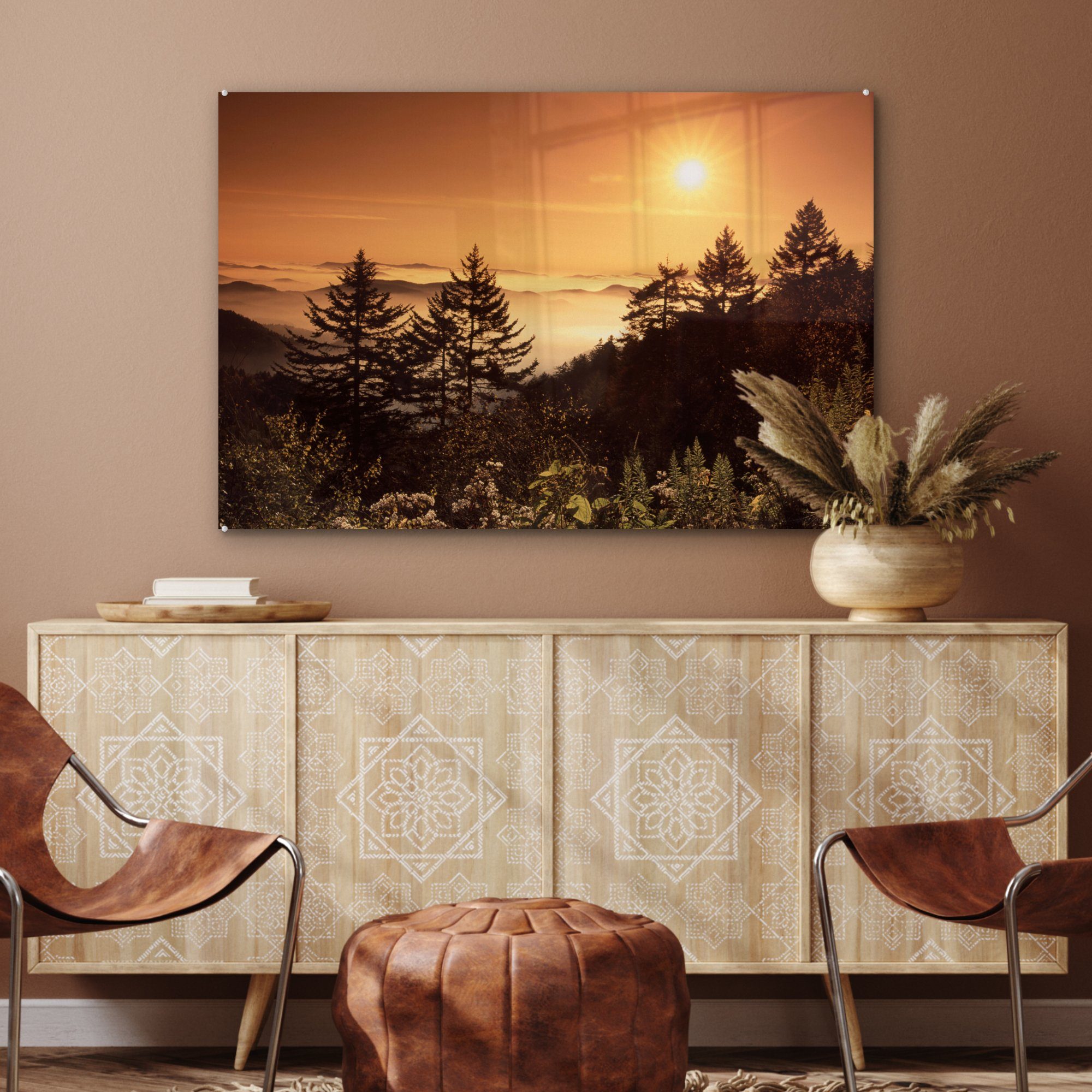 Berg Acrylglasbild Sonne - (1 Schlafzimmer Bäume Acrylglasbilder - Wohnzimmer St), Horizont, & - MuchoWow