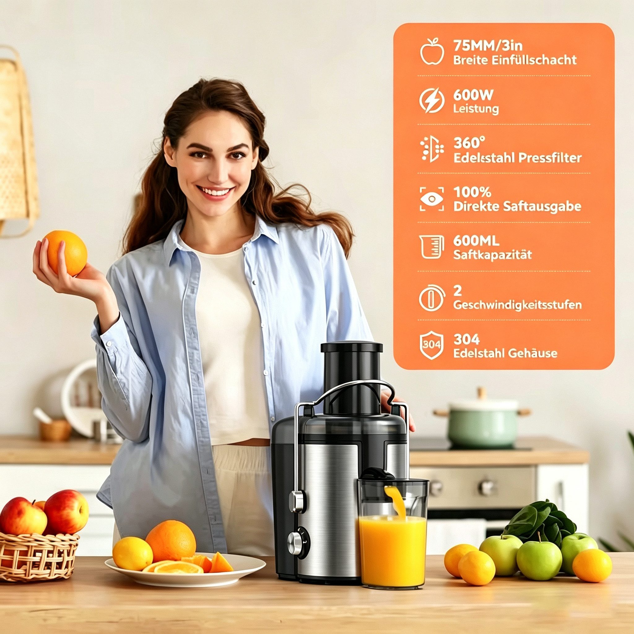 Toomoke Entsafter Entsafter Gemüse und Obst, 600W Schnelles Zentrifugal-Entsafter, 600 W, Zentrifugenentsafter Zentrifugaler Überhitzungsschutz, BPA-frei – Bild 2 von 5