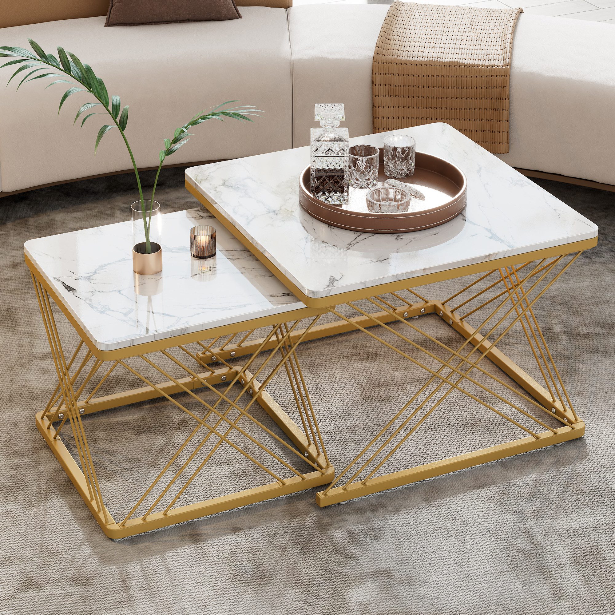 OKWISH Couchtisch Hochglanz-Kombi-Couchtisch-Set (Sofatisch, 2-St., 60*60*4 günstig online kaufen