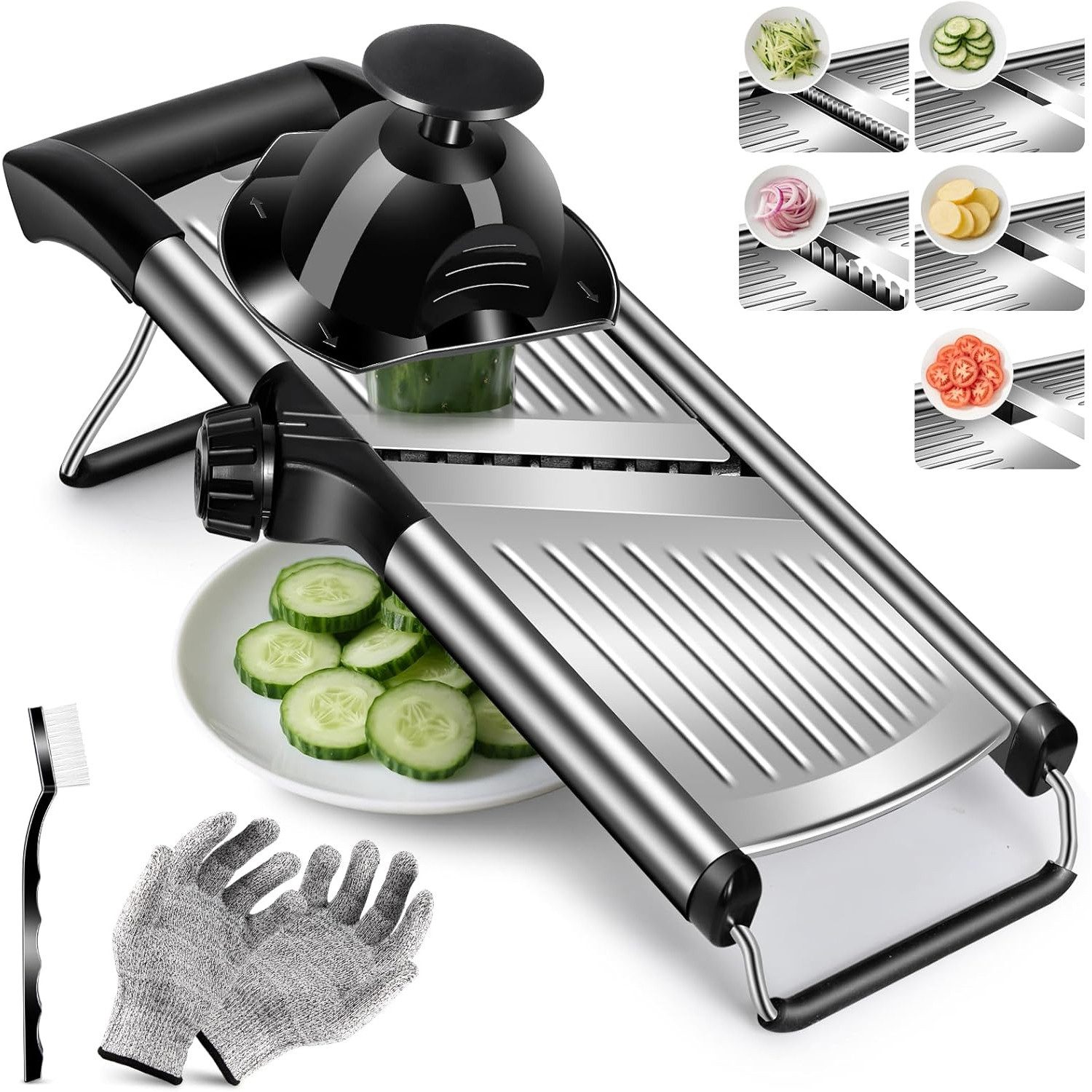 TUWENA Gemüsehobel Mandoline 5-In-1 Gemüseschneider Verstellbar Dünne Scheiben, Edelstahl Mehrzweck Küchenhobel Küchenreibe mit Klingenschützer