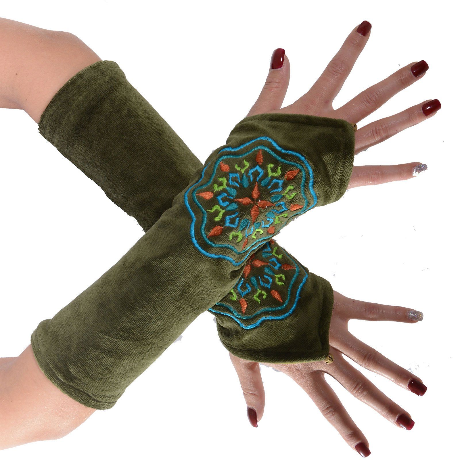 Armstulpen Samt KUNST Handschuhe Handwärmer MAGIE Muster" Armstulpen UND Grün Stulpen Boho "Mandala