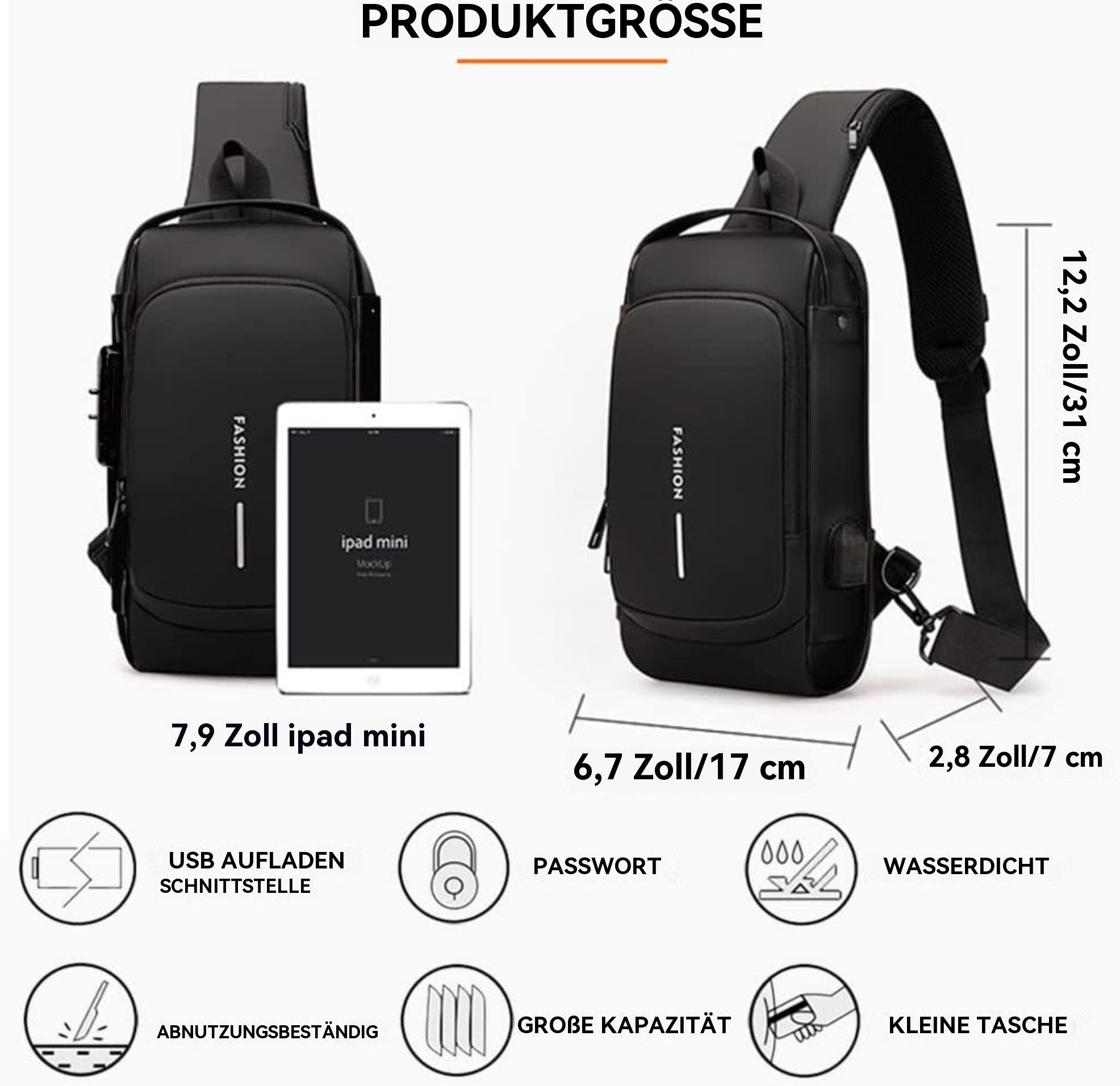Blusmart Umhängetasche Wasserdichte Unisex-Brusttasche/Umhängetasche (Mit USB-Ladeanschluss und Diebstahlsicherung, Multifunktionstaschen + Seitentaschen), Vielseitige Tragemöglichkeiten