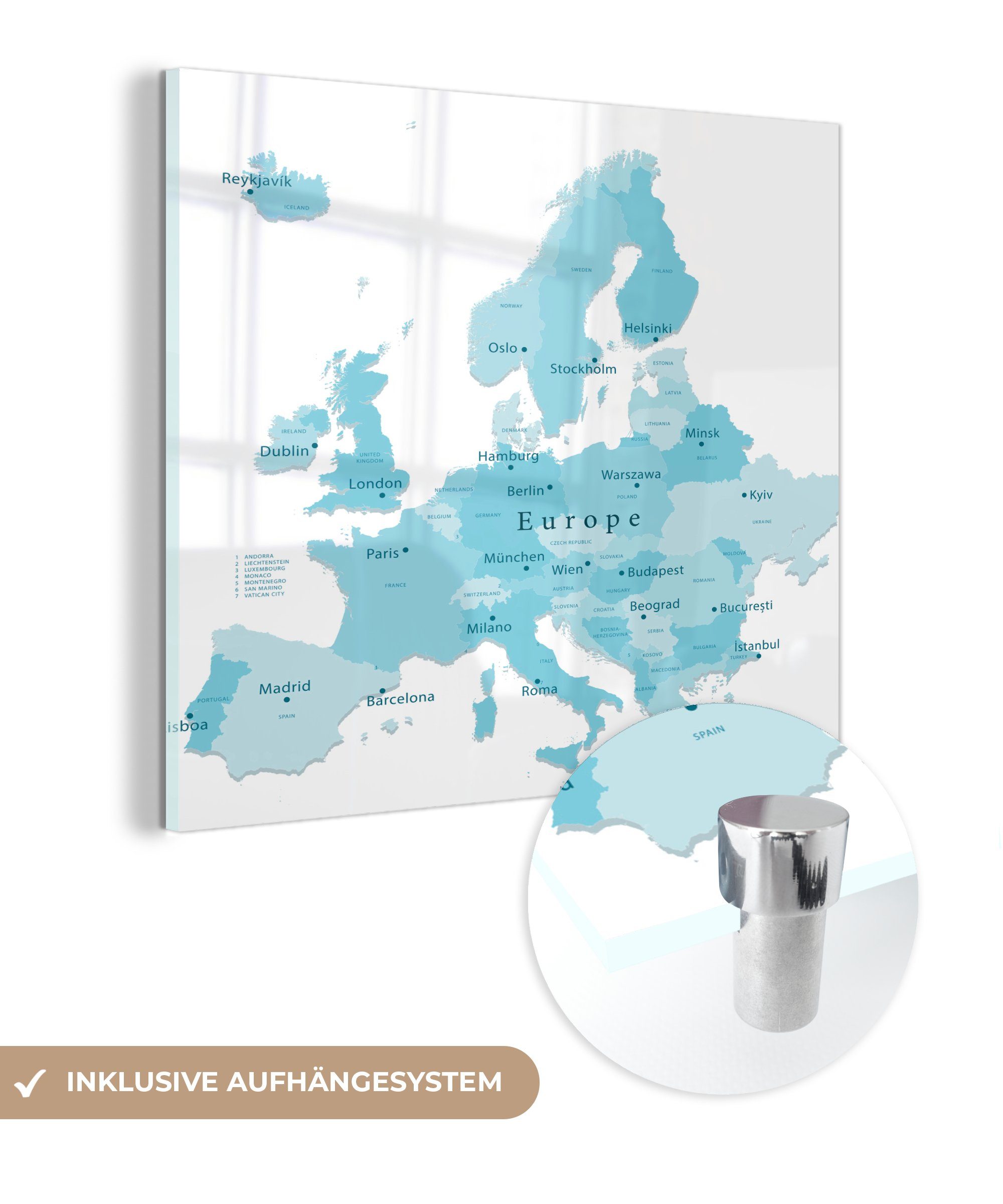 MuchoWow Acrylglasbild Karte von Europa mit blauen Hauptstädten, (1 St), Glasbilder - Bilder auf Glas Wandbild - Foto auf Glas - Wanddekoration