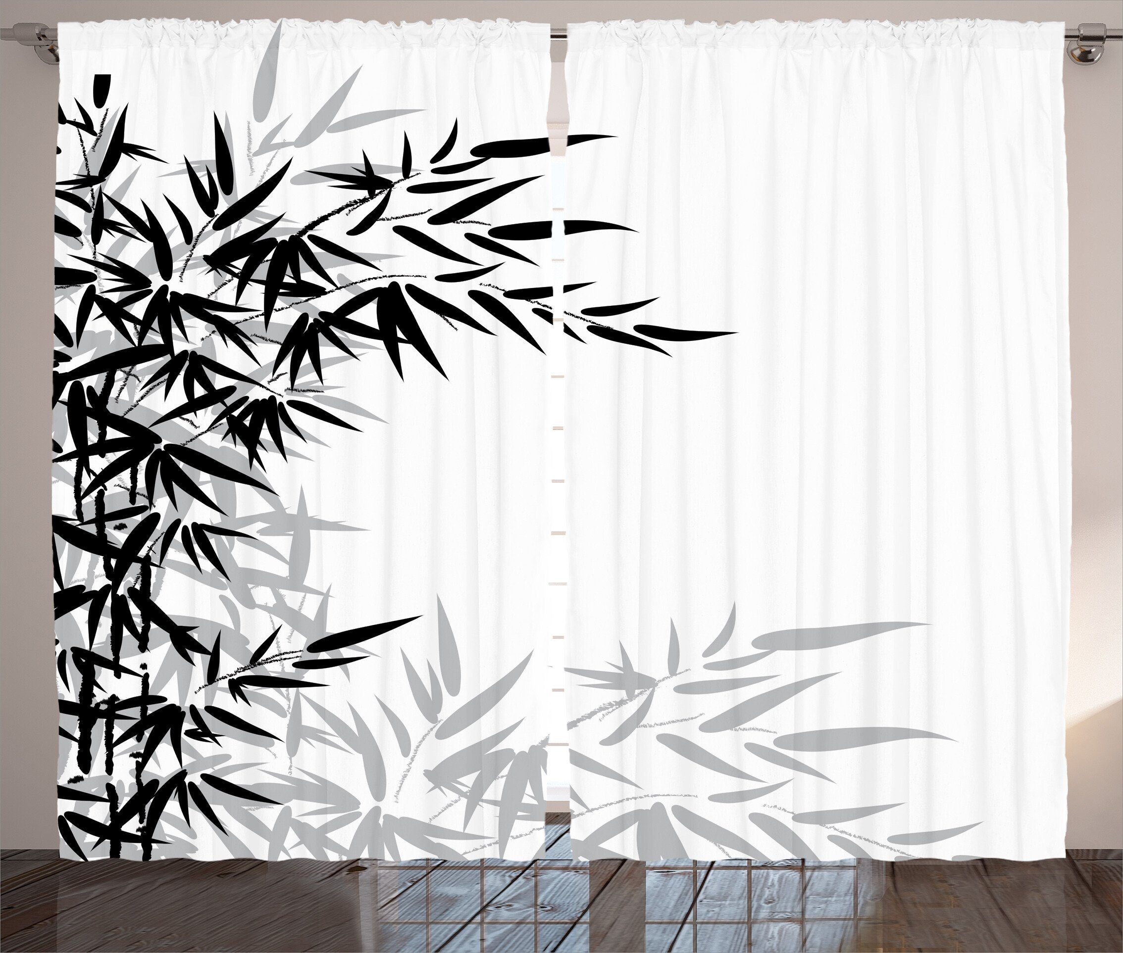 Gardine Schlafzimmer Kräuselband Vorhang mit Schlaufen und Haken, Abakuhaus, Schwarz-Weiss Bambus Pflanzenblätter