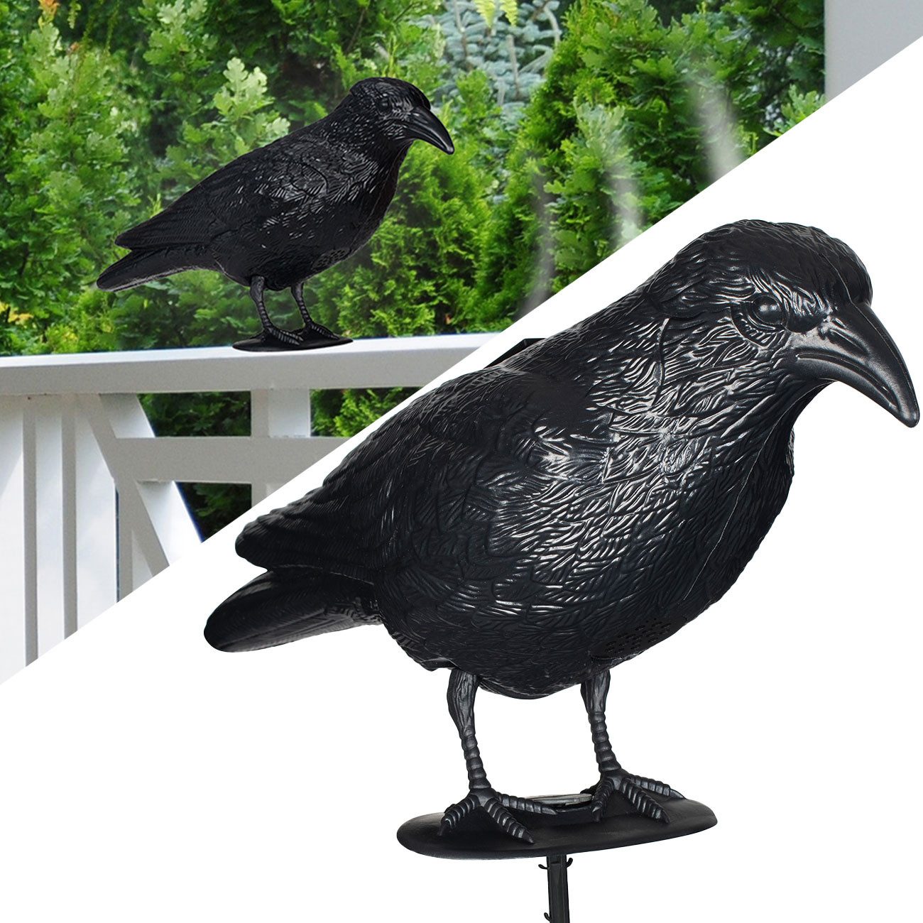 Gardigo Vogel-Schreck Vogelabwehr Krähe mit Sound Vogelschreck Solarbetrieb Raben-Attrappe, 1-tlg., PIR-Bewegungssensor - Reichweite bis zu 10m & Krähen-Sound