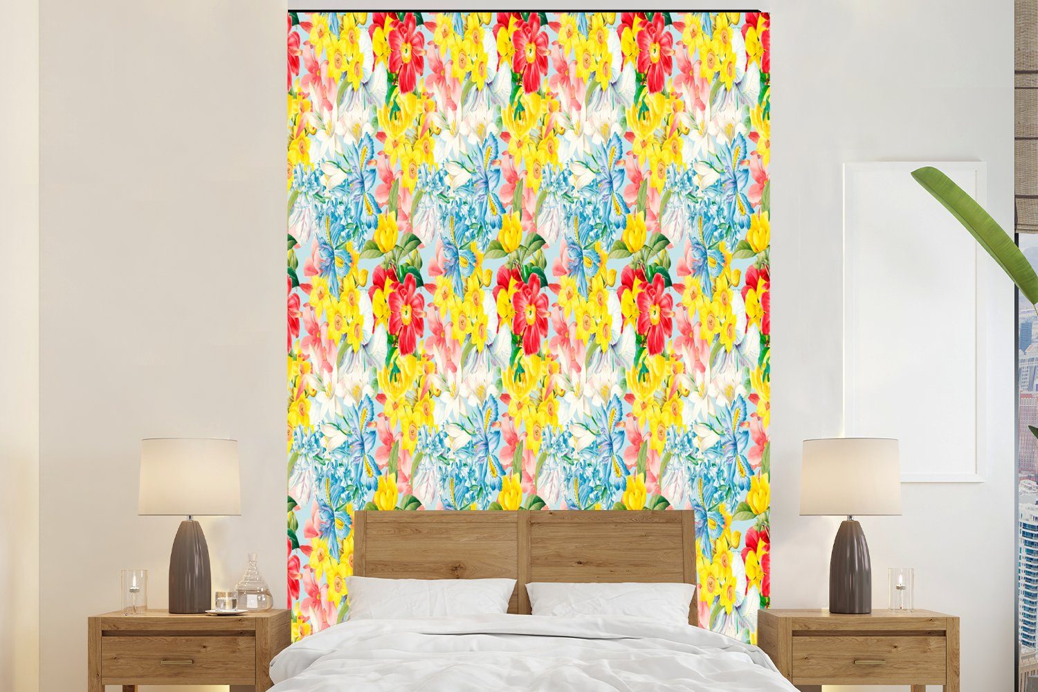 MuchoWow Fototapete Blumen - Muster - Farben, Matt, bedruckt, (3 St), Montagefertig Vinyl Tapete für Wohnzimmer, Wandtapete