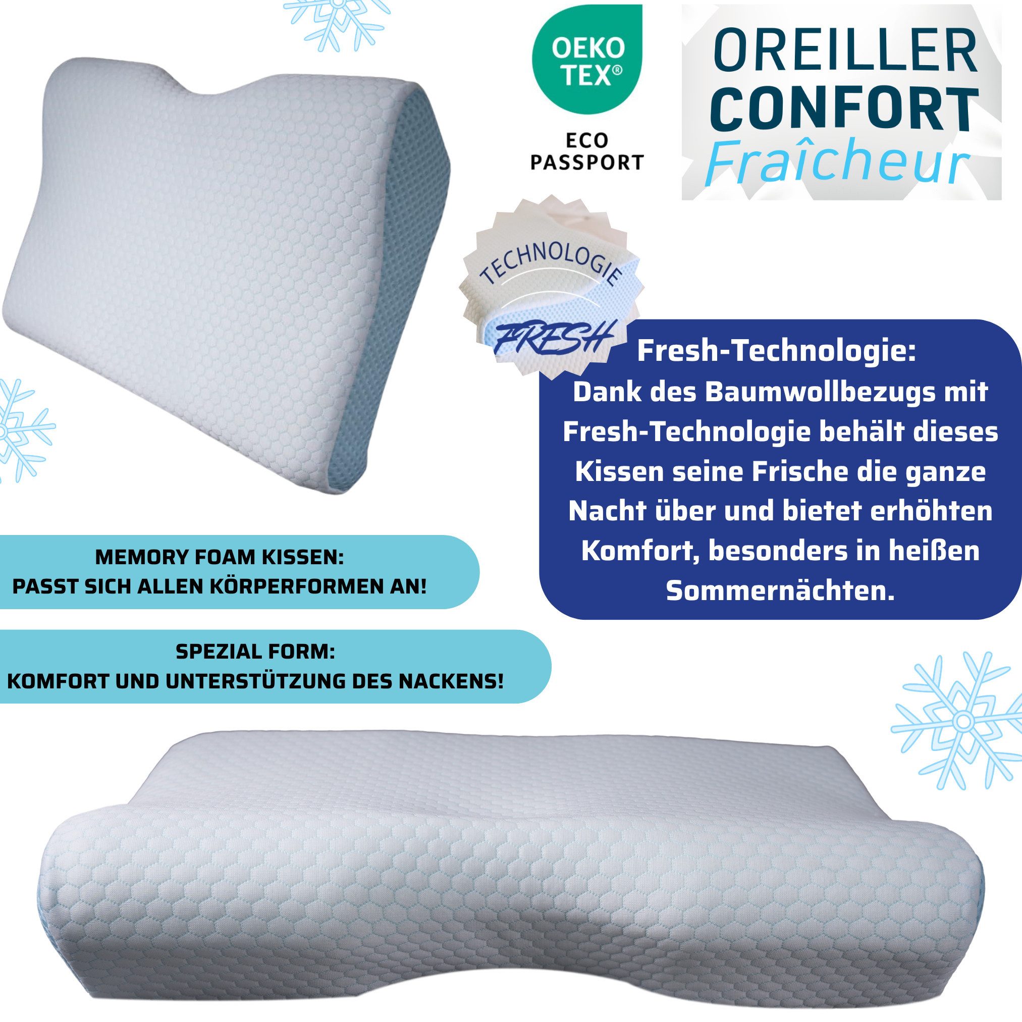 Venteo Gelschaumkopfkissen Fresh Pillow Kopfkissen, Füllung: viskoelastischer Schaum (Zerkleinerter Schaum -100% Polyurethanschaum), Bezug: Polyester, Rückenschläfer, Bauchschläfer, Seitenschläfer, Spar-Set, 1er oder 2er Set, Nackenstützkissen für Allergiker geeignet, Temperaturregulierend