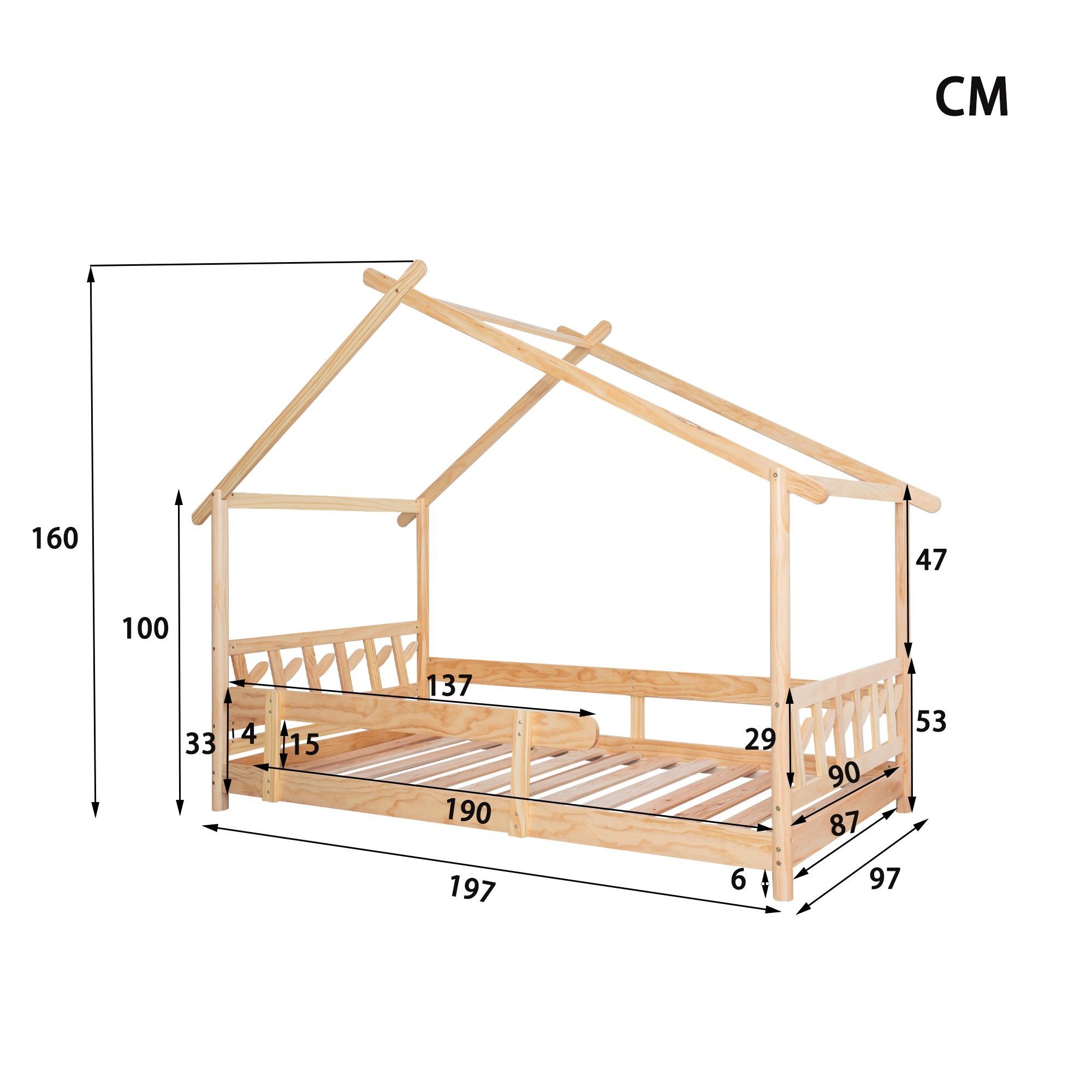 Matratze und Lattenrost), für mit (Mit Jugendliche Gitter Gästebett Funktionsbett Holzbett Kinder Kinderbett OKWISH Ohne 200x90cm, und Natur Hausbett Rausfallschutz