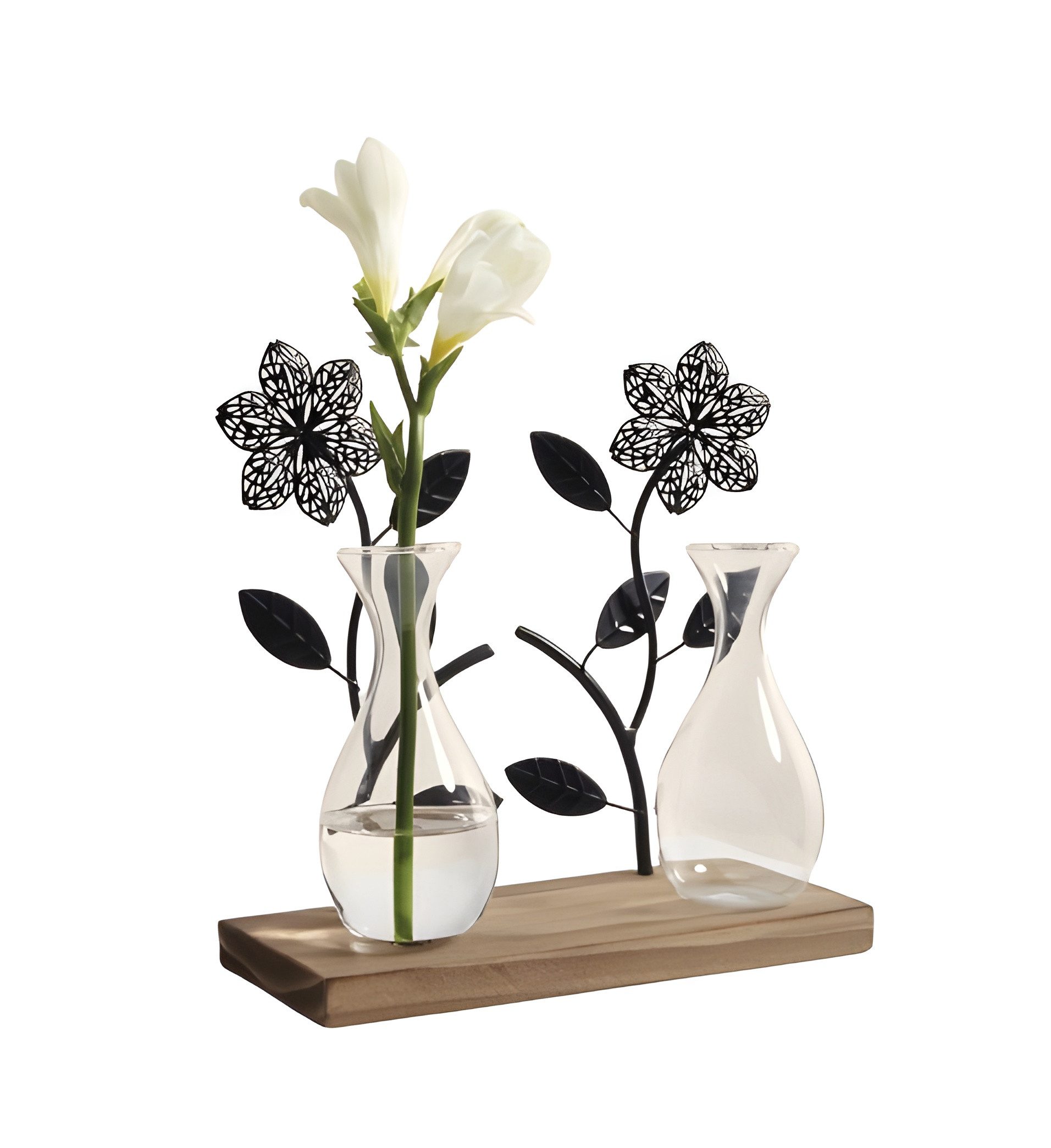 Dekoleidenschaft Dekovase "Flowers" Board aus Holz, 2 Metall Blumen in schwarz, 2 Vasen aus Glas, Dekoboard, Vasenhalter, Blumenvase, Vasenset, Glasvase, Tischdeko