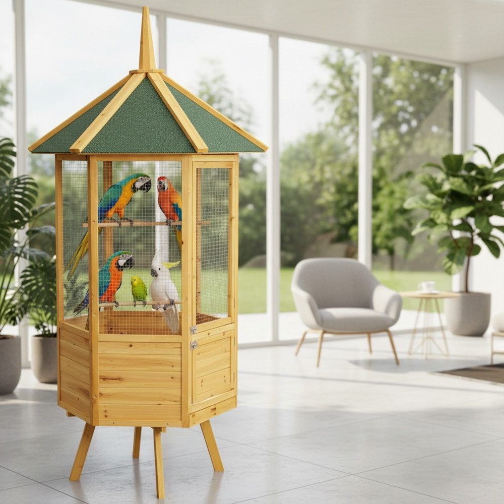 Melko Vogelhaus Vogelvoliere Vogelkäfig Zimmer- und Außenvoliere Holz Papageienkäfig, Vorimprägniert