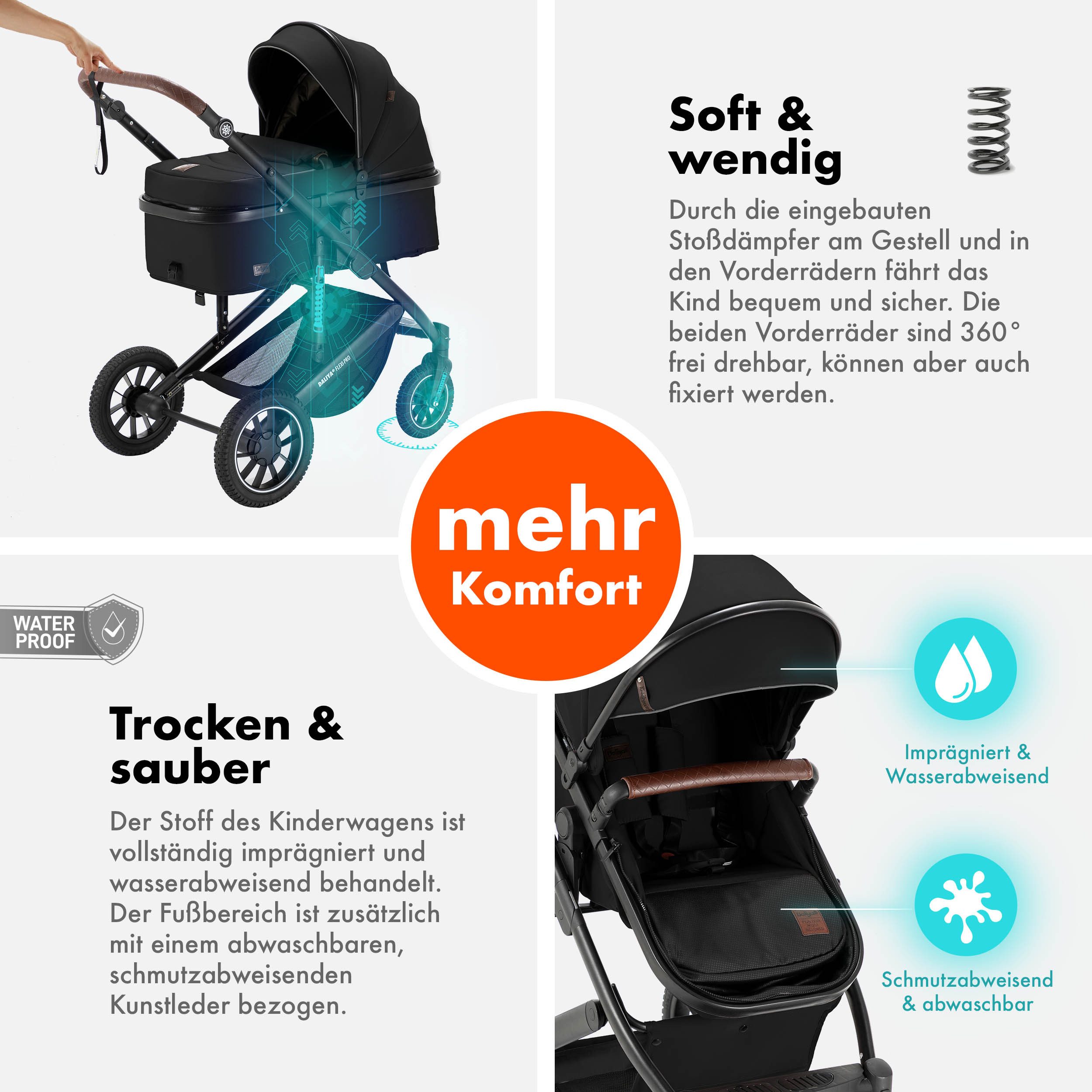 Daliya® Kombi-Kinderwagen FLEXI-PRO M 2in1 Kinderwagen & Buggy, Reisekinderwagen, XXL Set, (10-tlg), Einhändig abnehmbare Wanne, Alu-Rahmen, Gummireifen, Gurte, UV 50+